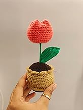 Handmade Crochet Tulip in Decorative Pot, 15 cm Height, Cotton Yarn, Pink and Beige
