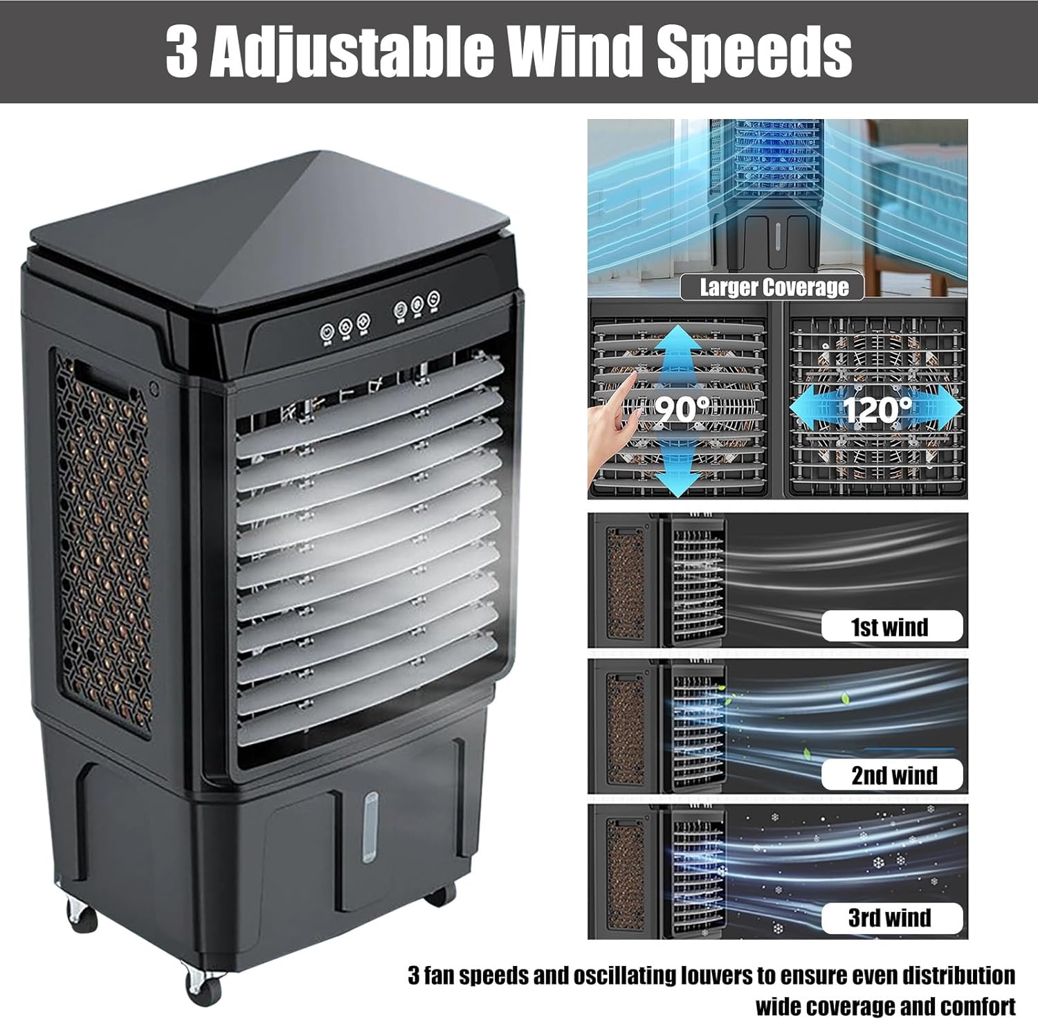 Portable Air Cooler for Indoor, Home, 20-40L Evaporative Humidifier, LED Display, Portable Cooling Fan, 3 Speeds, 4 Ice Packs Included for Cool Air Flow(89 x 34 x 44 cm)