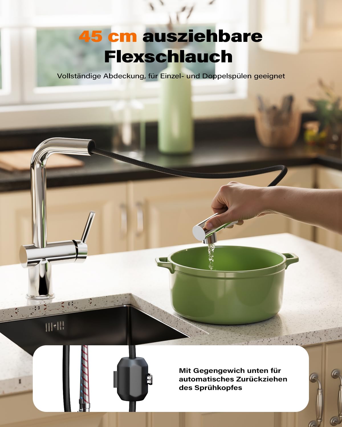 Cobbe Hochdruck Wasserhahn Küche, Küchenarmatur Ausziehbar mit Brause, Spültischarmatur Küche, Armatur Küche 360° Schwenkbar, Mischbatterie Küche Edelstahl (Chrom)