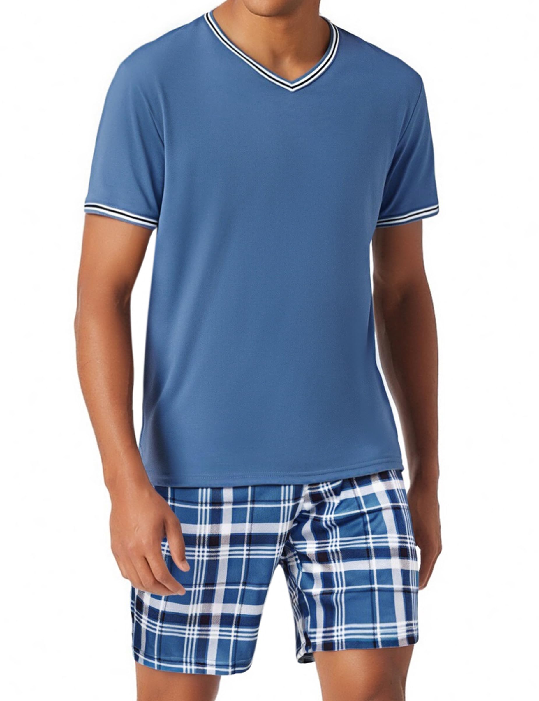Bresdk Schlafanzug Herren kurz Baumwolle Sommer Pyjama Set Nachtwäsche Kurzarm V-Ausschnitt und Shorty Schlafanzughose
