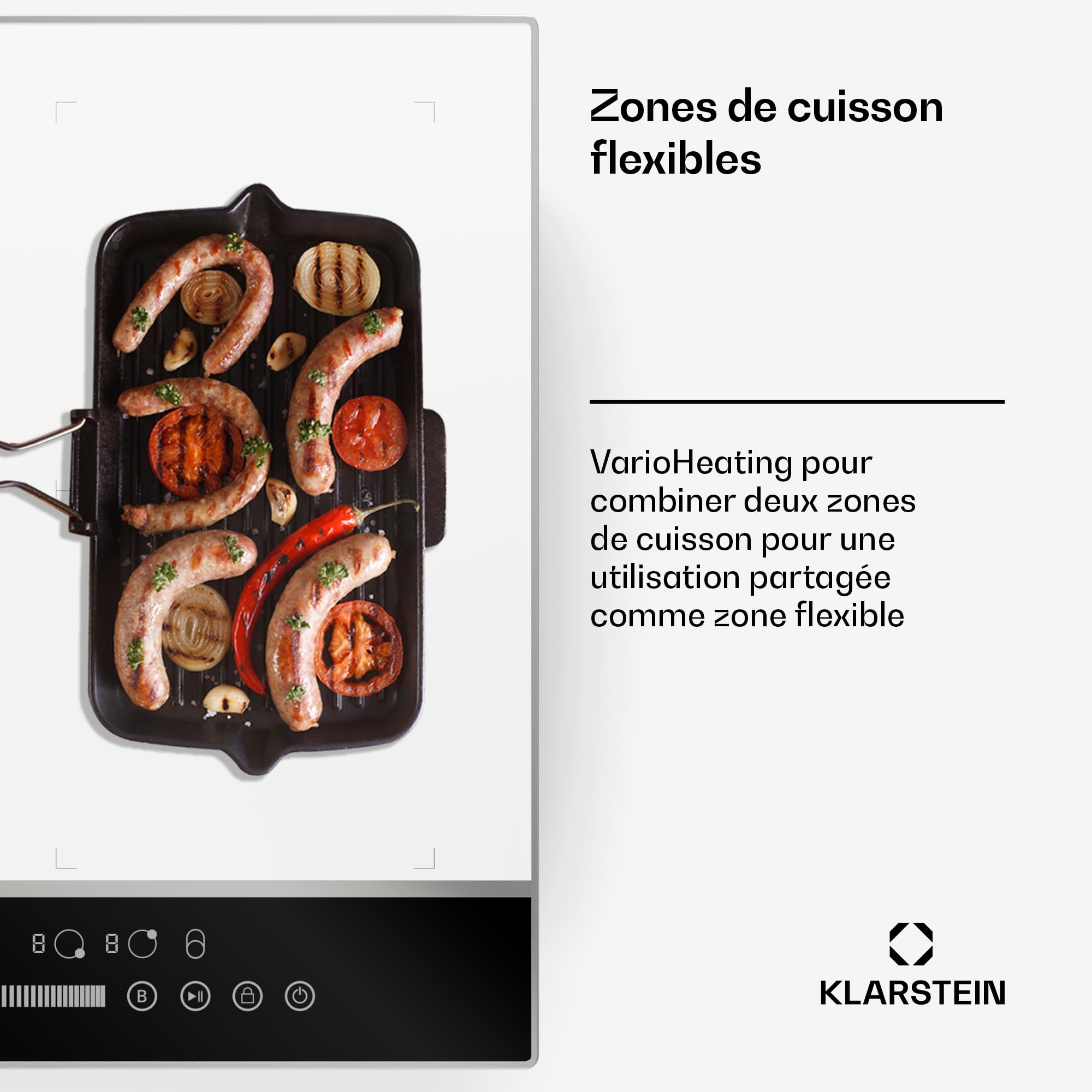 Klarstein DualTone Hybrid Plaque Cuisson à Induction - 4 Zones, 7200 W, Flex Zone, Commande par Curseur, Fonction Booster & Minuterie, Cadre Aluminium, Blanc, 60 cm
