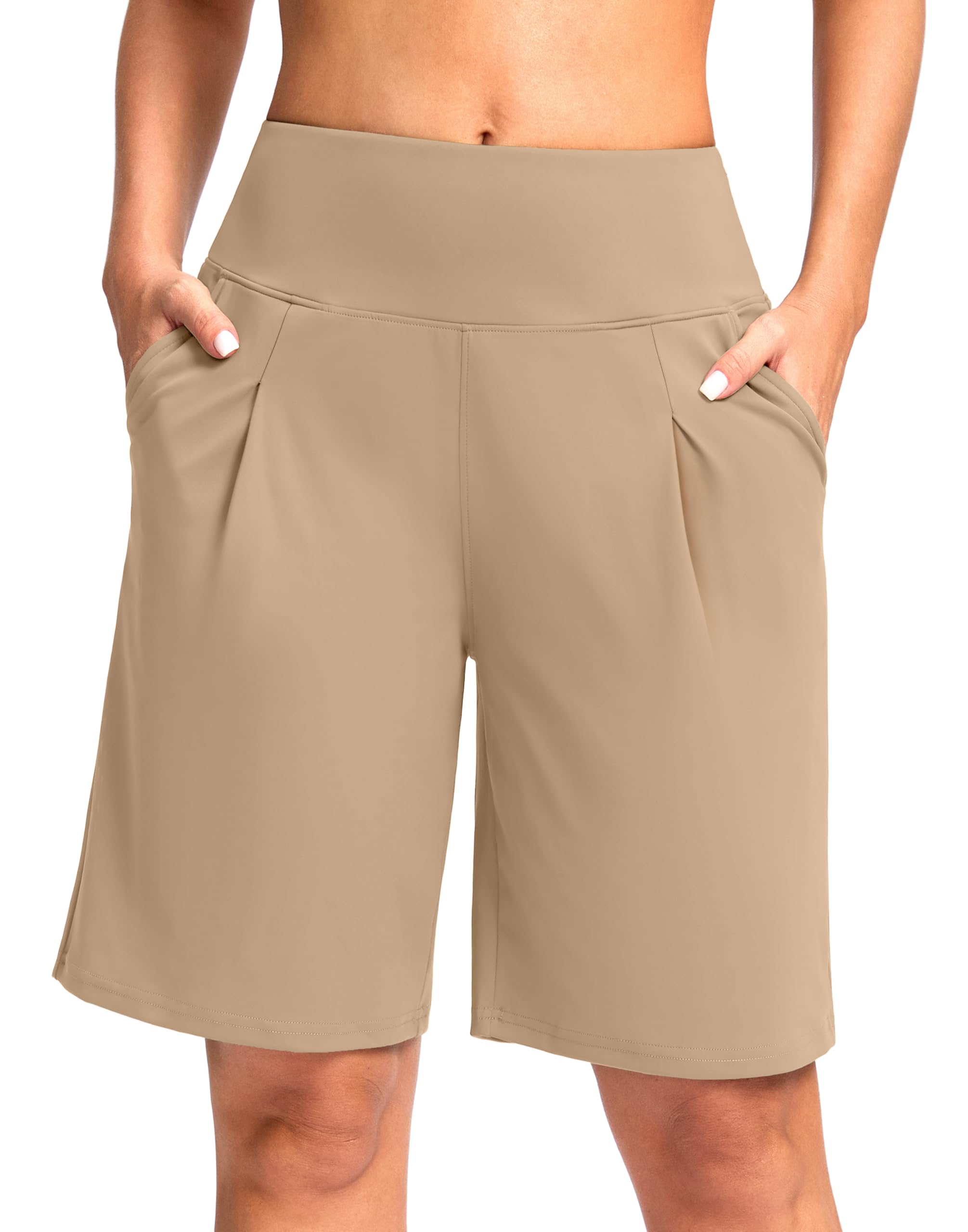 SANTINY Bermuda Shorts for Women Knee Length 9" High Waisted Pleated Casual Long Shorts with Pockets Walking Workout Athletic