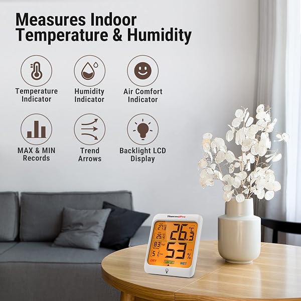 ThermoPro TP53 Termómetro Higrómetro Digital Medidor de Humedad y Temperatura de Interior Termohigrómetro Profesional para Habitación Ambiente con Retroiluminación Táctil - 2