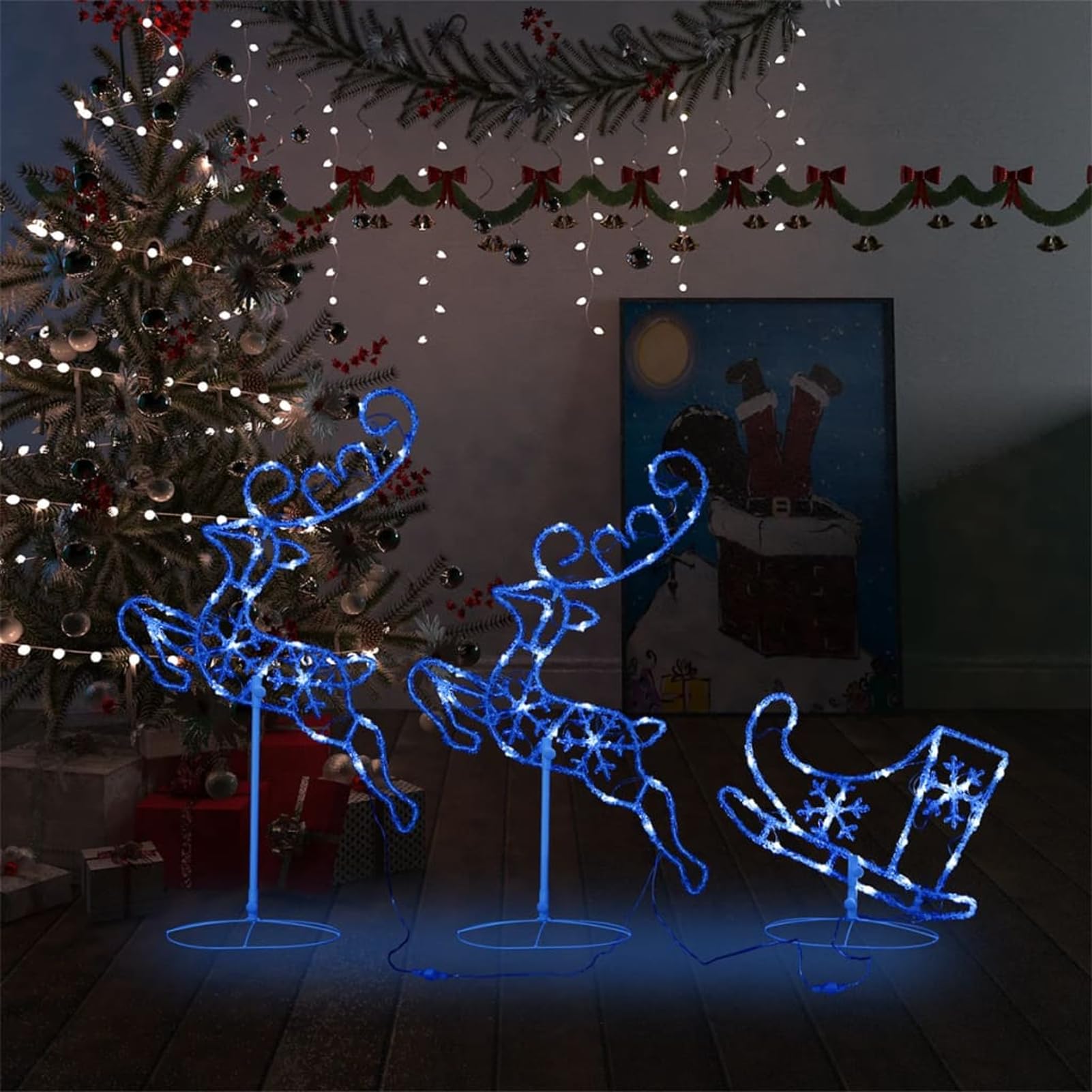Tidyard Weihnachtsdeko LED Rentiere & Schlitten Acryl 260x21x87 cm Blau, Weihnachtsdekoration für Außen Vorgarten Fassade Geschäftsdekoration Event als Weihnachtsszene328511