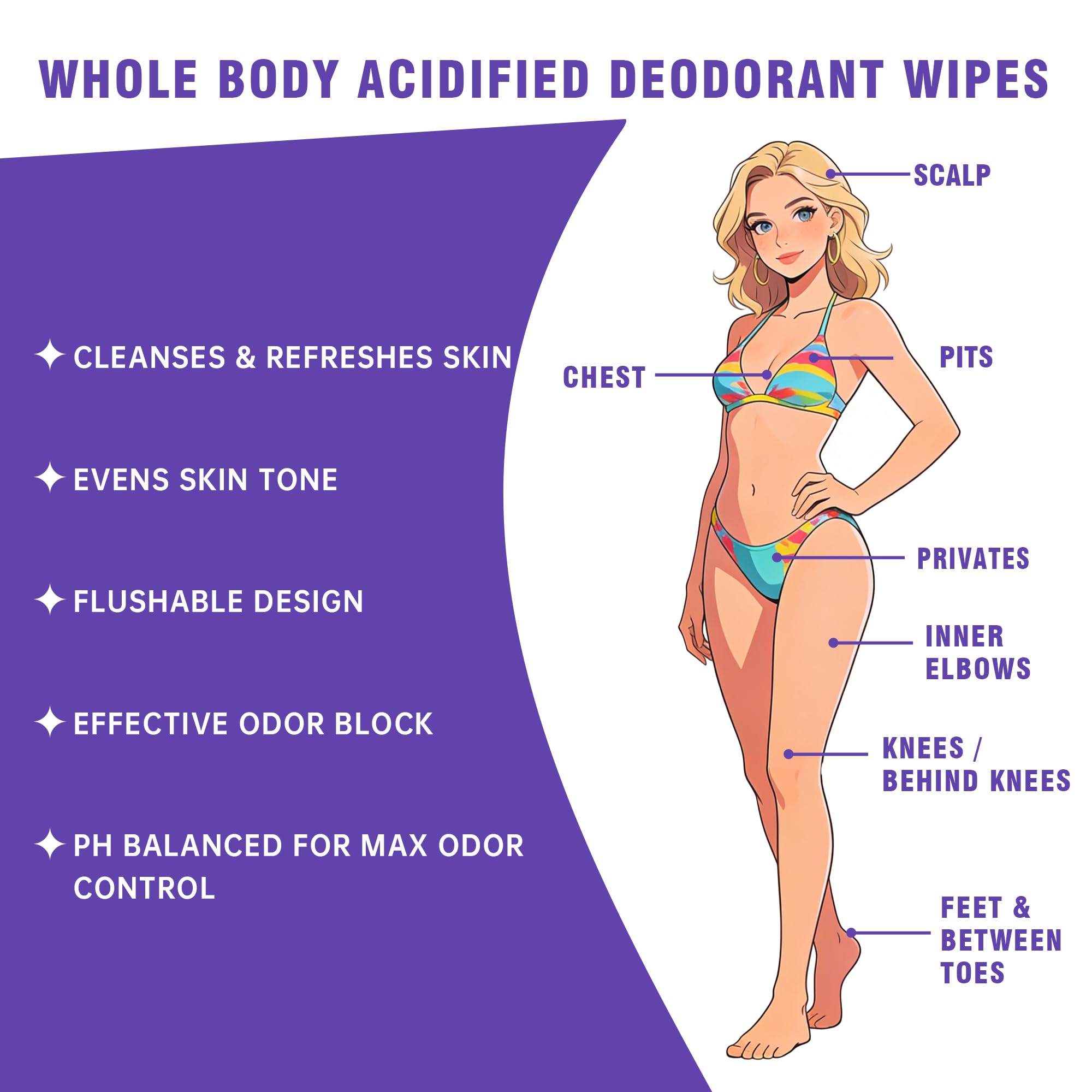 Acidified Body Wipes - 24H Odor Control, pH Balanced for Underarms & Whole Body, Aluminum-Free & Skin-Loving Formula, 80 Wipes