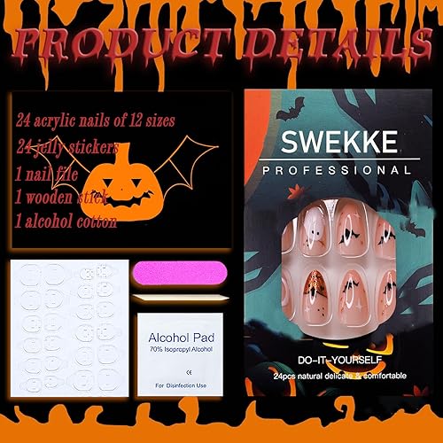 Miniatura 243 de Uñas postizas a presión de Halloween, cuadradas, medianas, francesas, color negro, degradado, cobertura completa, calavera, corazón rosa, con Uñas