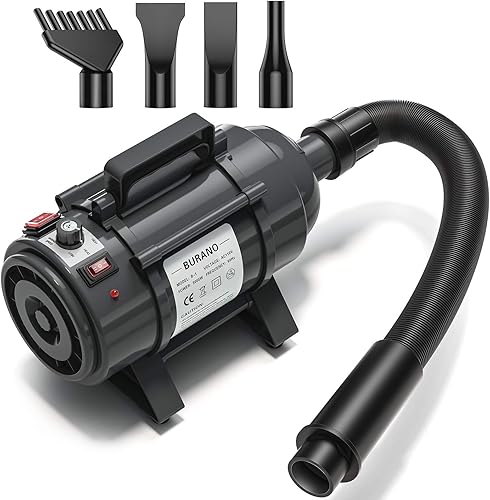 Burano - Secadora de pelo para mascotas de alta velocidad 40 HP sin escalón ajustable para perros gatos y más potente soplador de mascotas con Negro