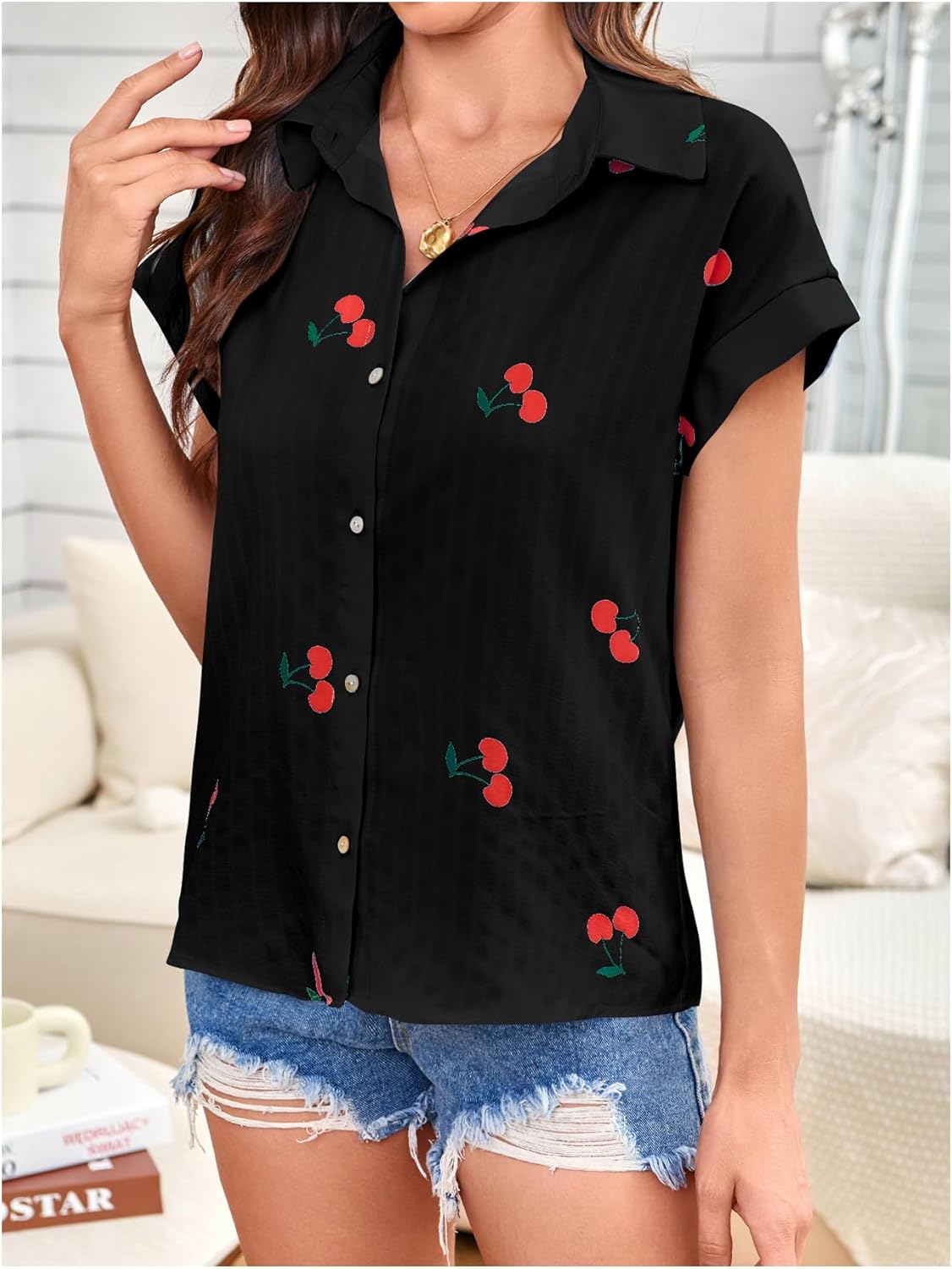 SweatyRocks Women's Cherry Print Short Sleeve Blouse Collar Button Down Textured Casual Shirts - Image 3