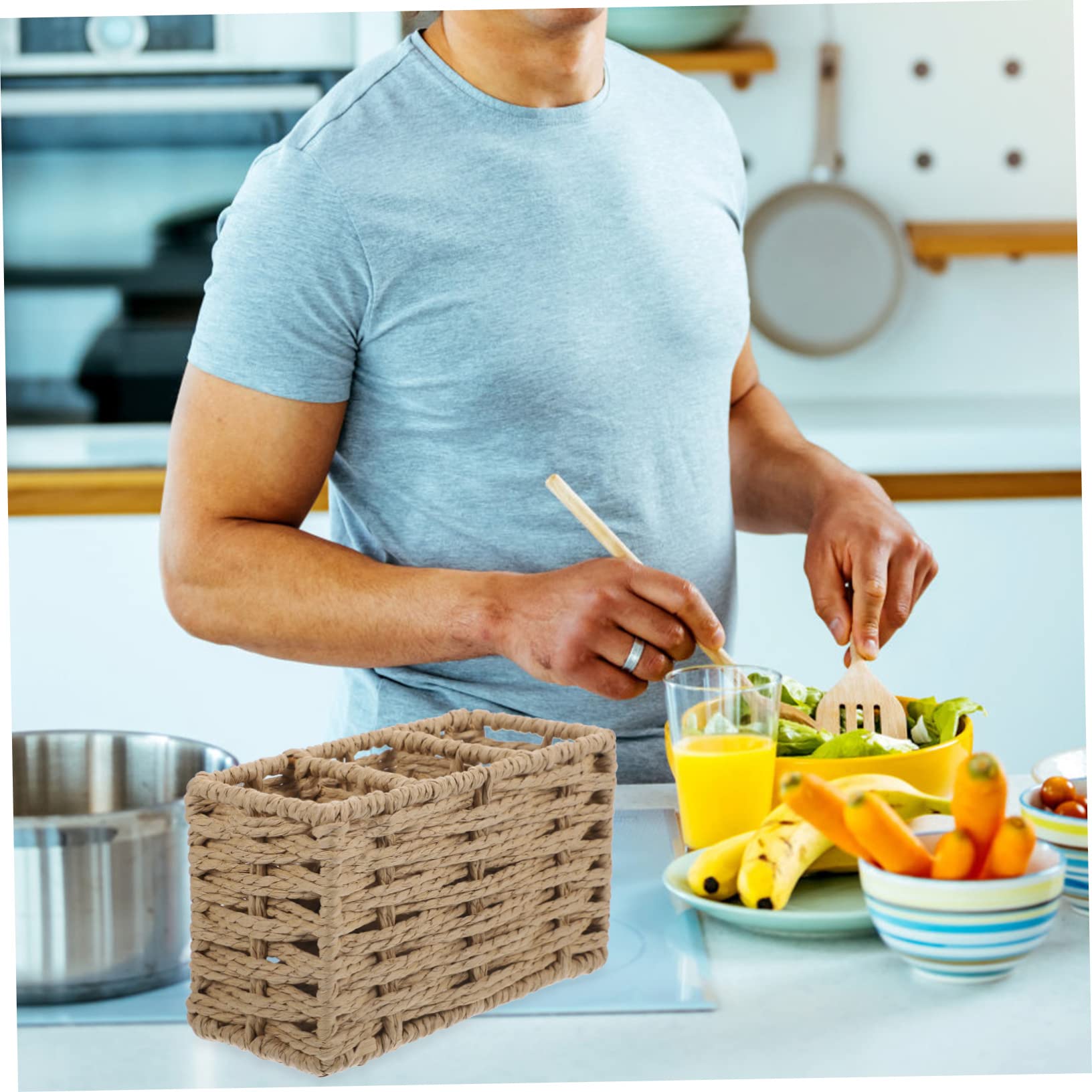 POPETPOP Cesta de Cubiertos y Utensilios de Cocina de Cuerda de Papel Beige Gran Capacidad Organizador para Cucharas, Espátulas y Cucharones para Cocina