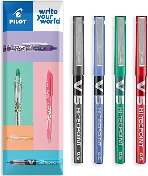 PILOT V5 Hi-Tecpoint Rollerball Pen - Fine 0.5mm Nib - In Envelope Gift Packaging - Pack of 4 - Black, Blue, Green & Red Ink