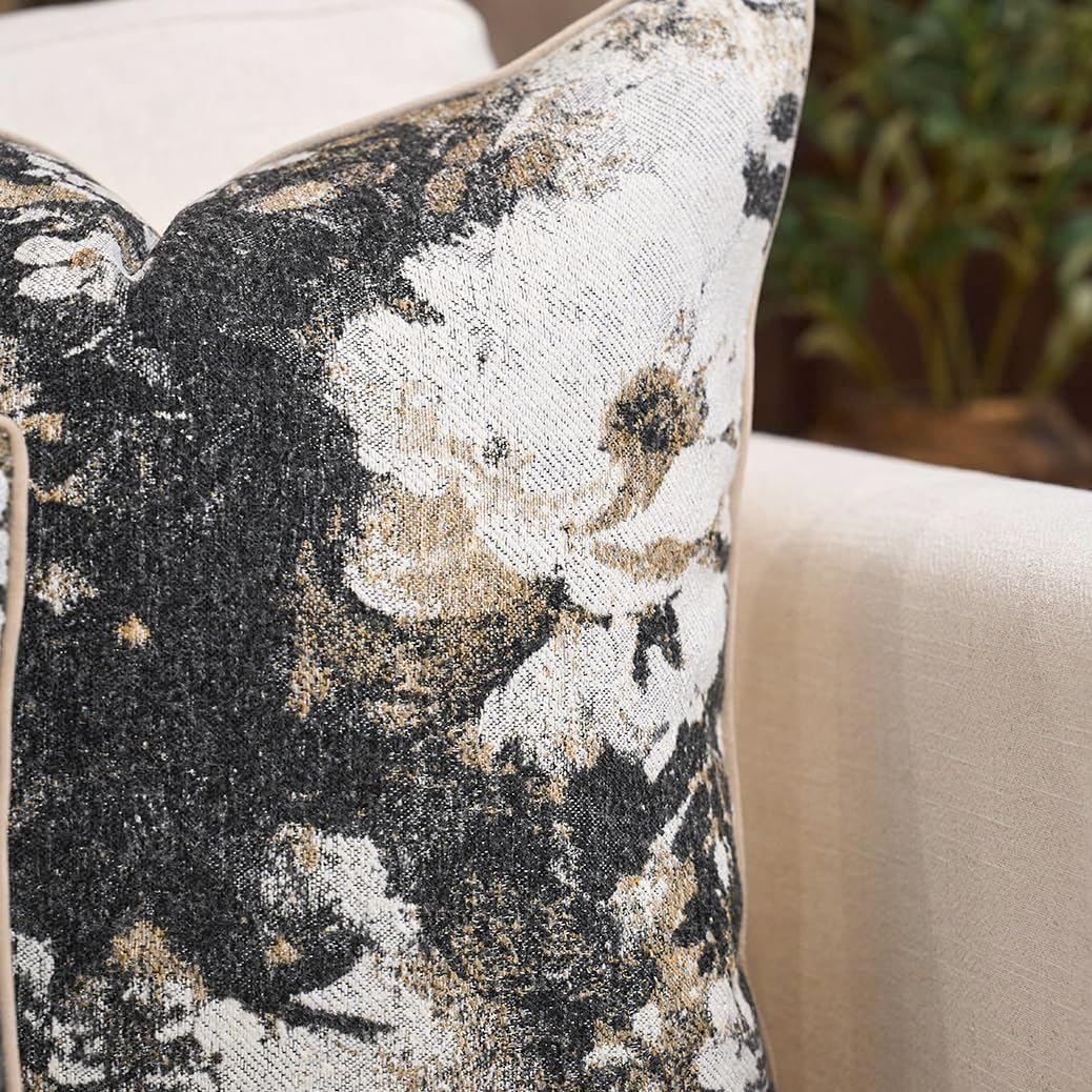 Yangest Neutral Flower Pillow Cover 20 x 20 Inches, Nature Chenille Square Throw Pillow Cover Soft Luxury Accent Couch Pillow Cover for Living Room Bedroom, Black image 3