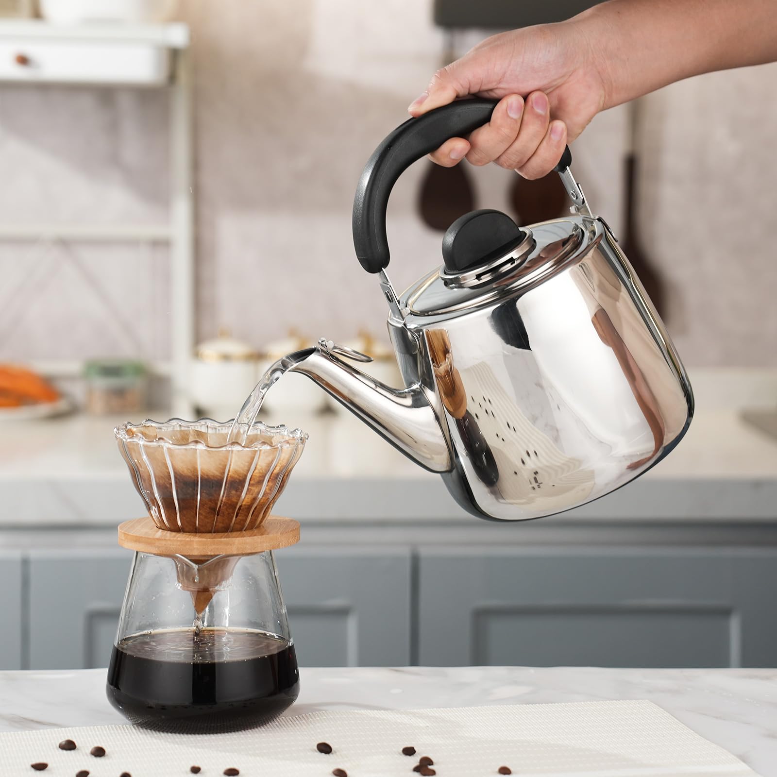 Hervidor de té, tetera silbante para estufa, tetera de acero inoxidable de 3 cuartos de galón, tetera de inducción para estufa (2.85 L, plateado)