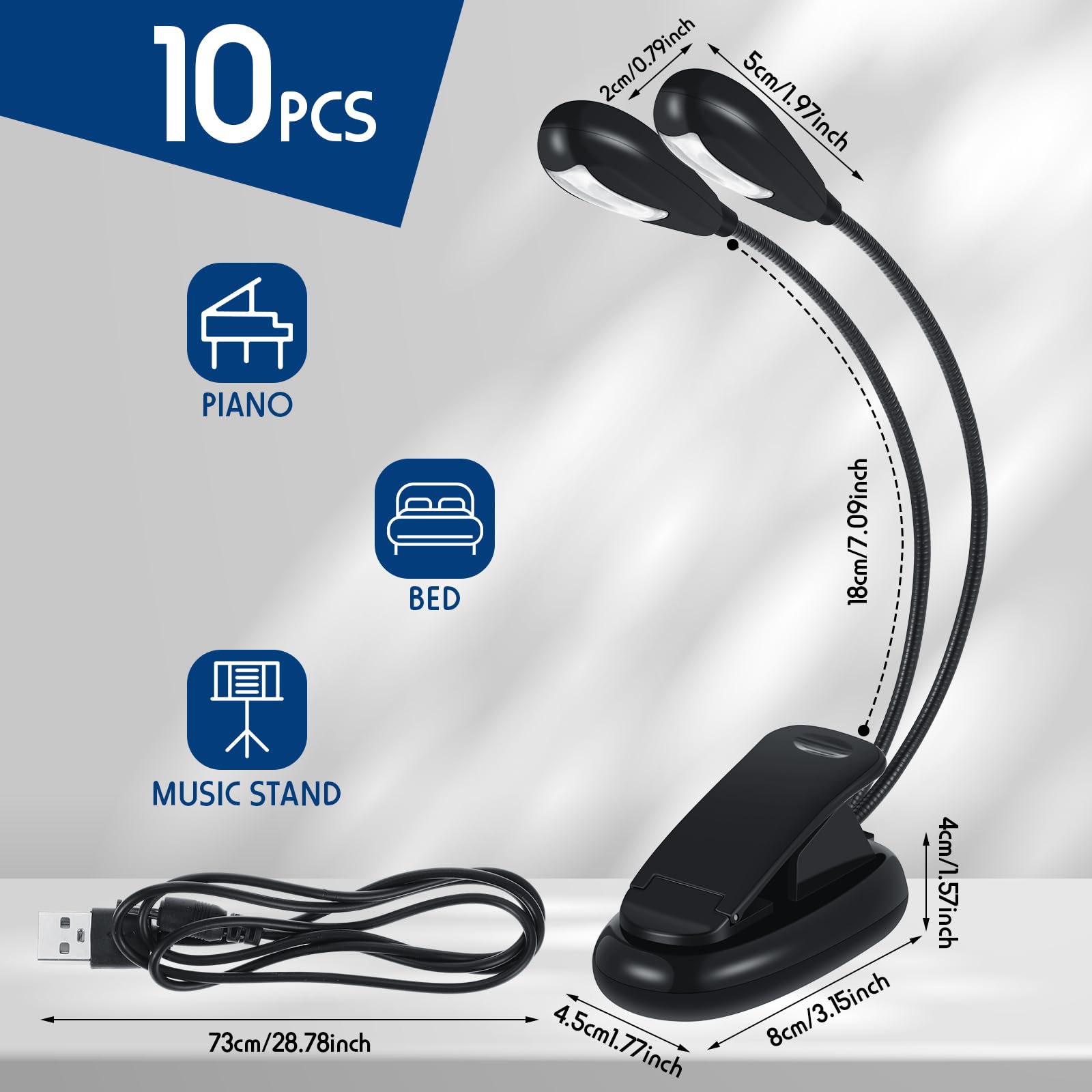 Rossesay 10 luces LED para libros, USB y AAA, funciona con pilas, soporte de música, luz de lectura, 4 niveles de brillo, lámpara de clip de doble brazo para protección ocular, gusanos de biblioteca,