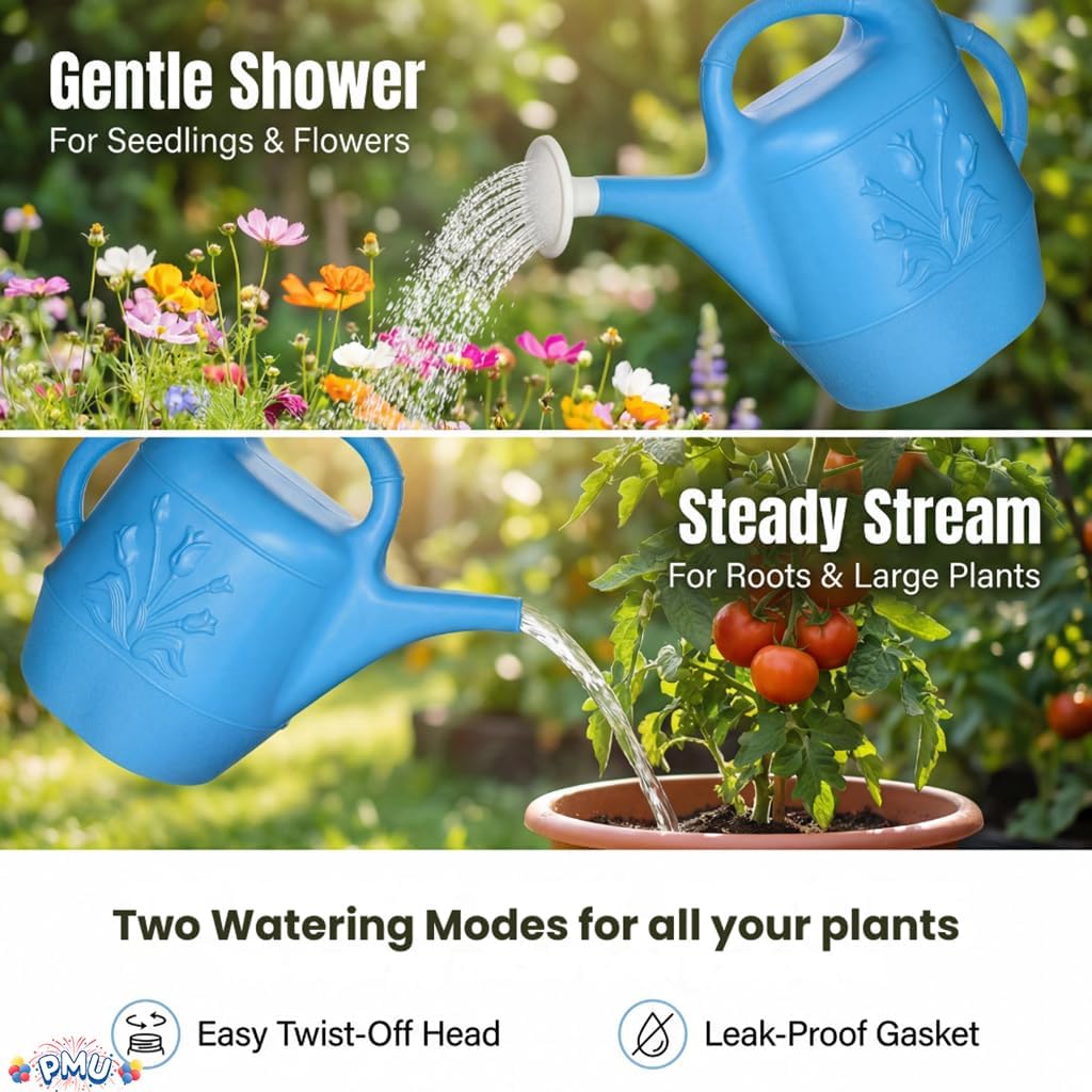 PMU 2 Gallon Watering Can - Garden Watering Can for Indoor & Outdoor Plants - Plastic Water Can with Detachable Sprinkler Head - Large Water Pot, Made in USA - Blue Pkg/3
