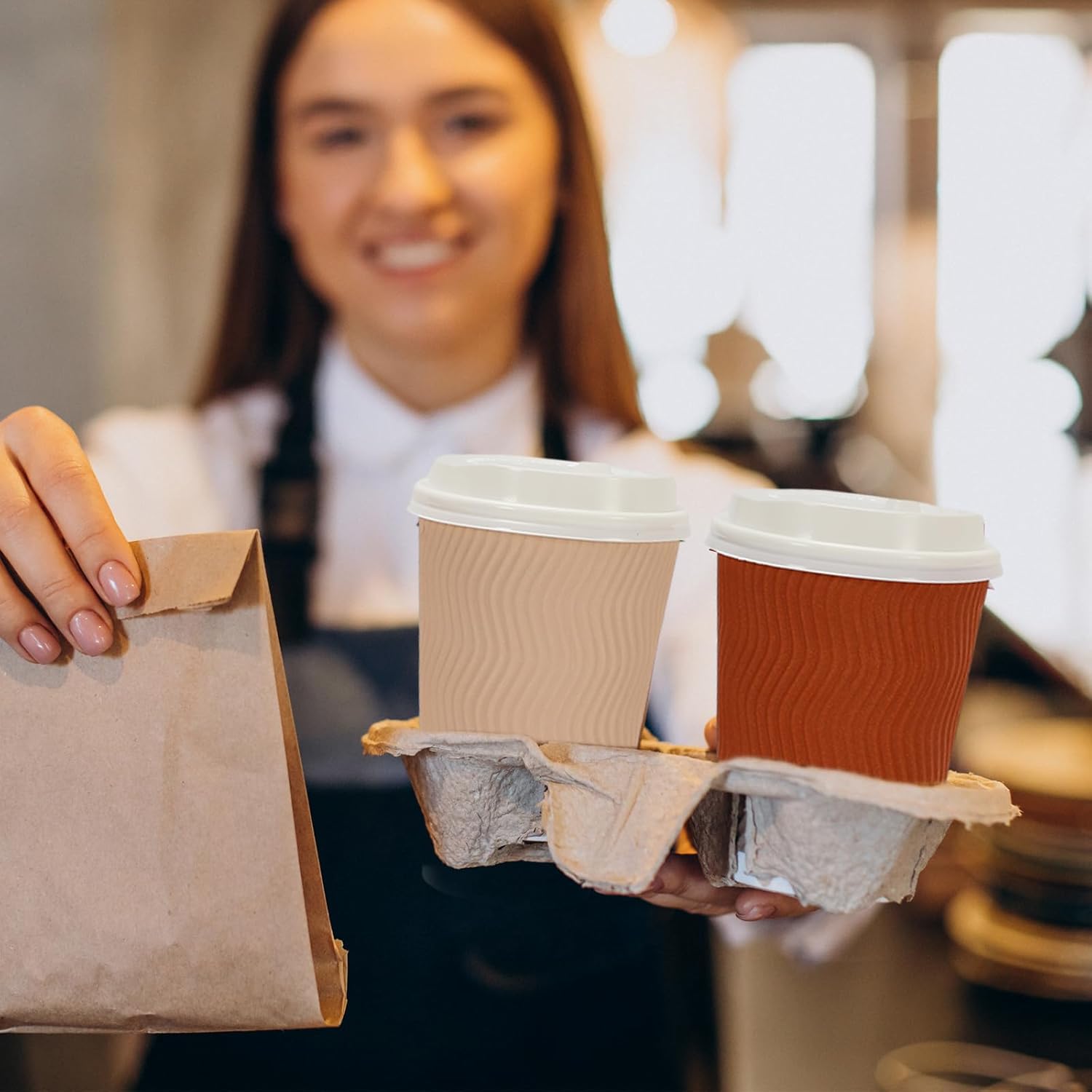 JarThenaAMCS 100Pcs Orange Disposable Coffee Cups with Lids 4 Gradient Orange Paper Cups Corrugated Ripple Wall Insulated Hot Cups for Fall Thanksgiving Party Supplies