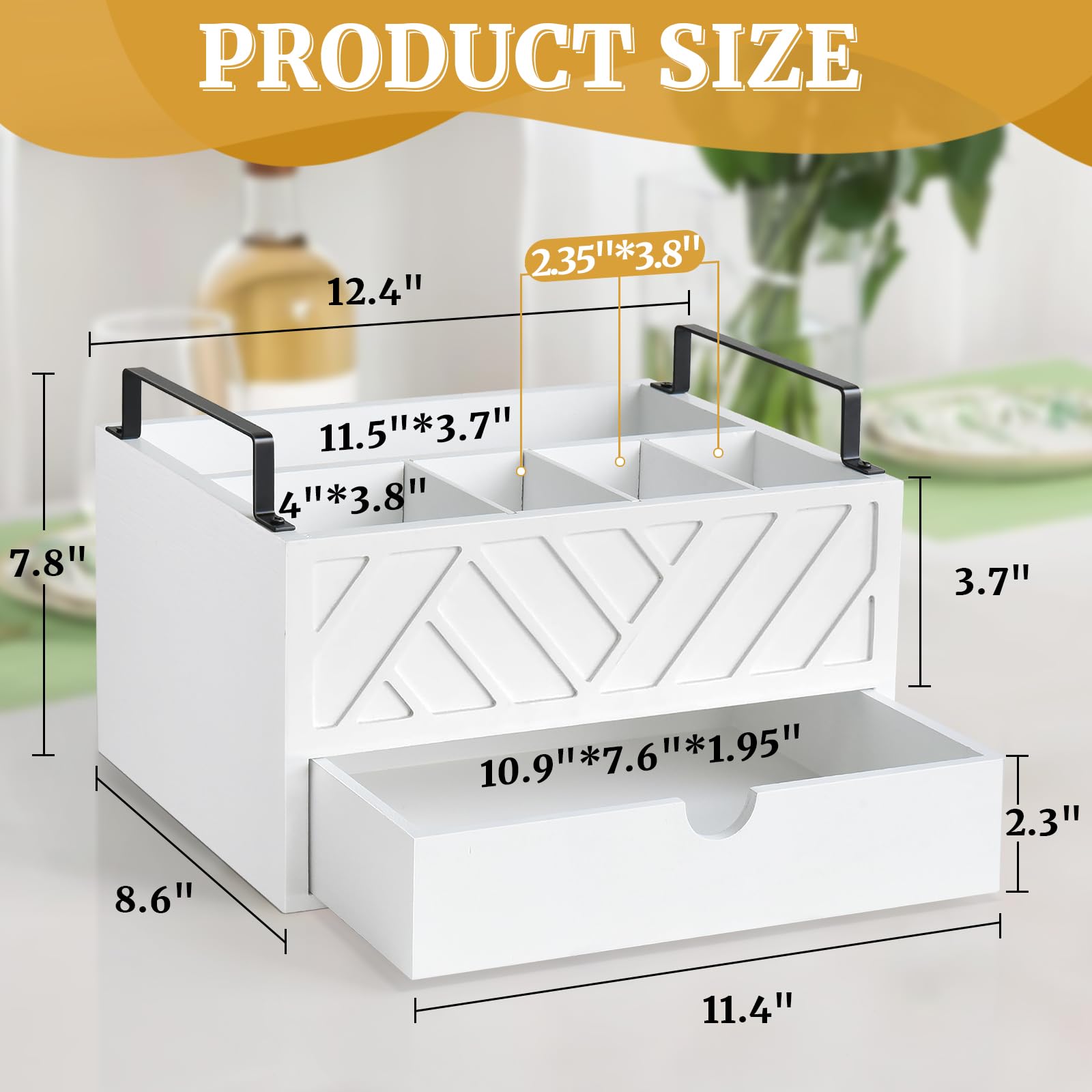 Besteck-Organizer, weißer Pappteller-Spender mit Schublade, Pappteller-Halter für Küchentheke, Holz, rustikaler Besteckkorb