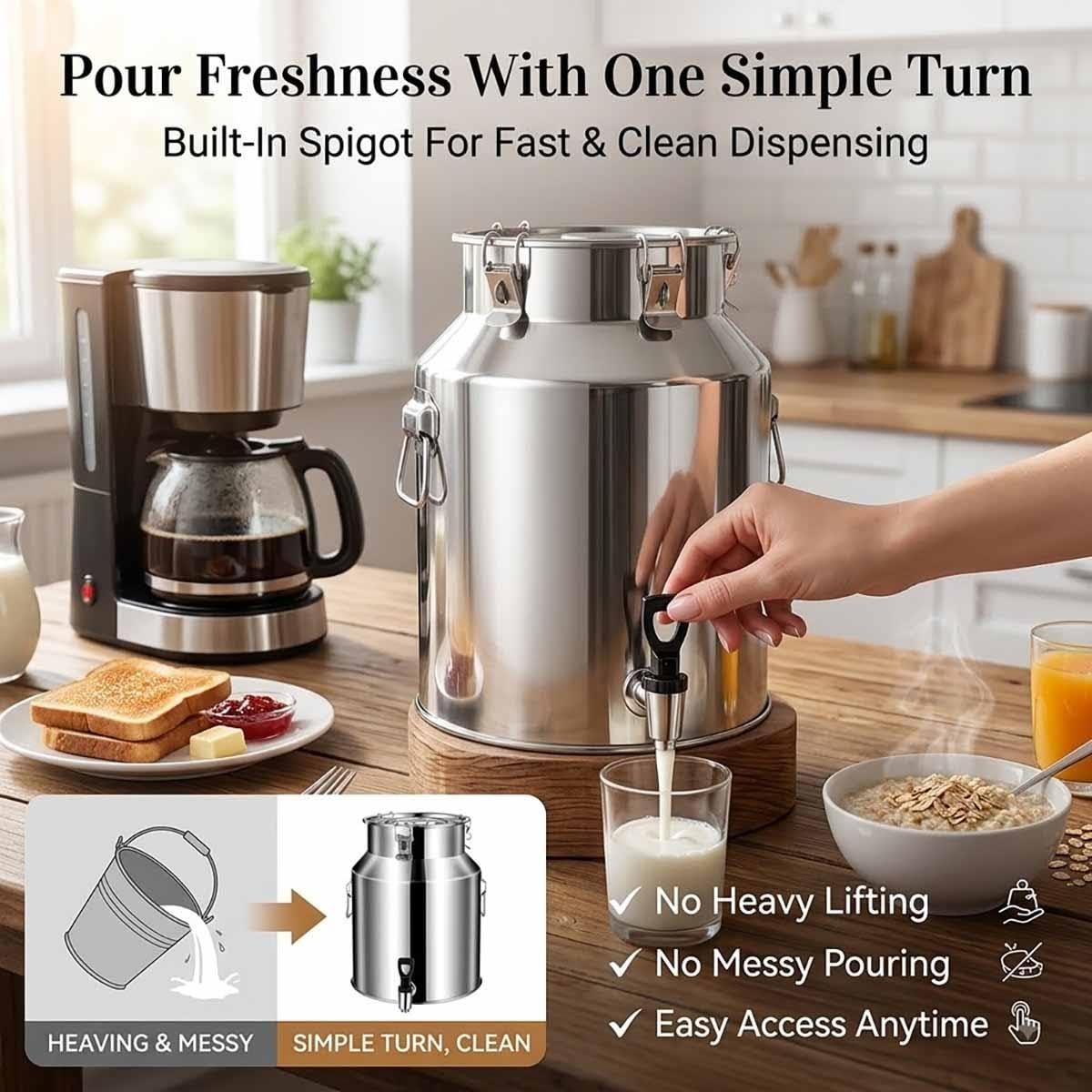Cántara De Leche De Acero Inoxidable Jarra Con Grifo Recipiente De Aceite | Dispensador Con Tapa De Sellado De Silicona Asas Para Almacenar Vino Bebidas Agua En Restaurante(With faucet,35L)