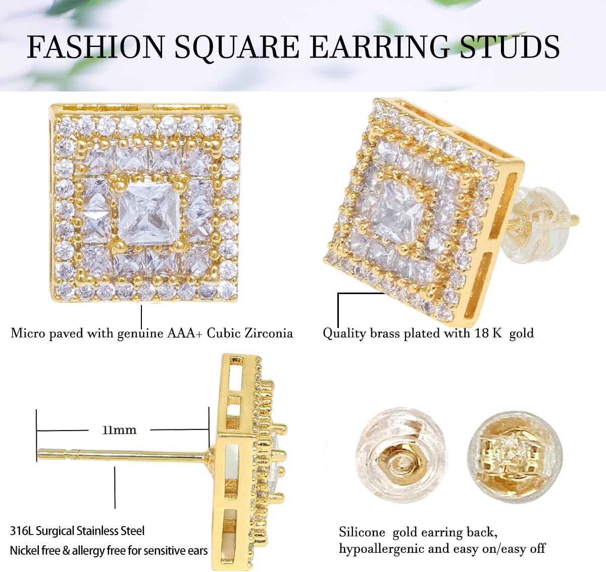 LuReen Earring Studs for Men Women - 18K Gold Plated Cubic Zirconia Stud Earrings Set, Iced Out CZ Studs, Simulated Diamond Halo Earrings (2 Pairs) - Image 4