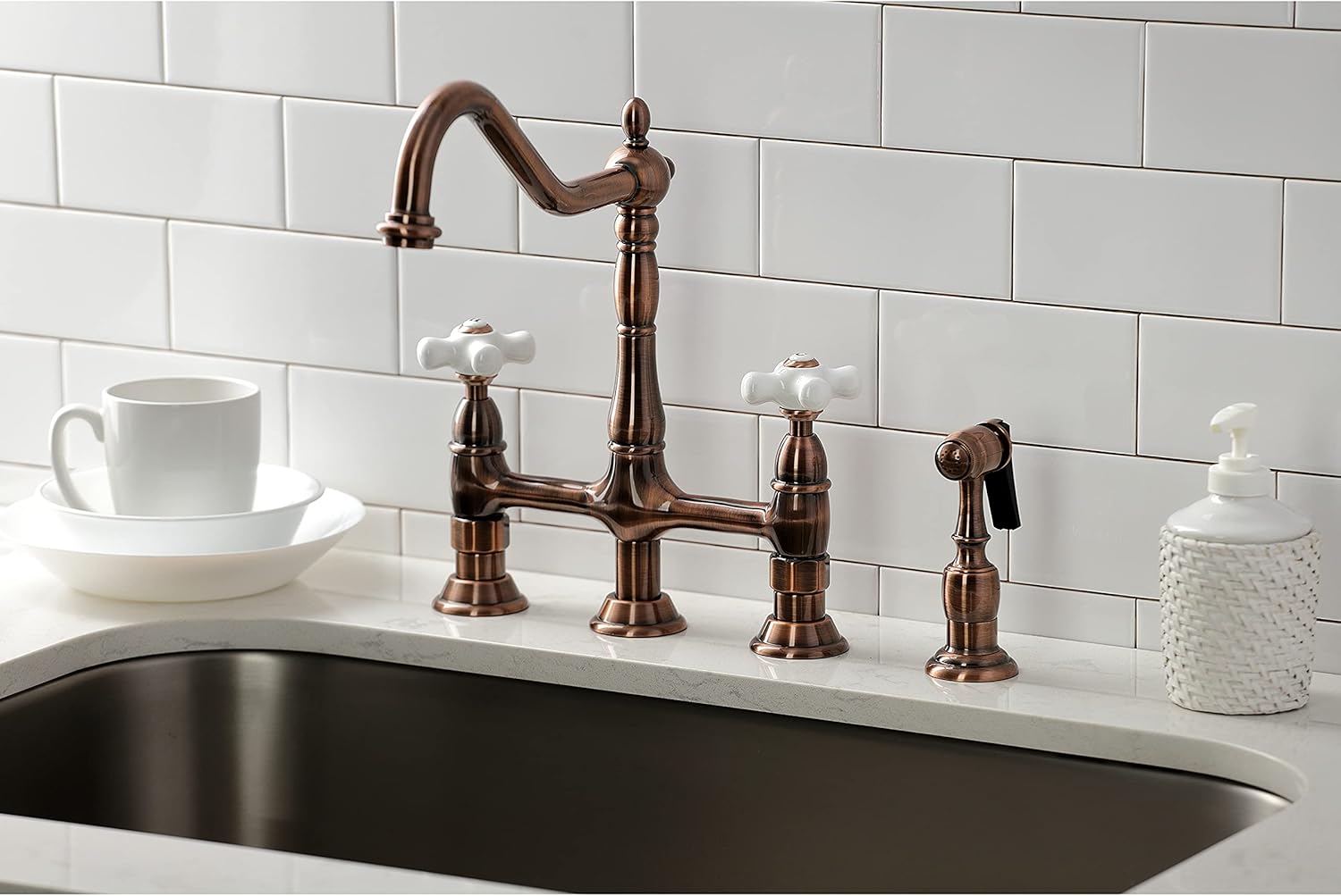 Kingston Brass KS127PXBSAC Heritage Bridge Kitchen Faucet with Brass Sprayer, Antique Copper