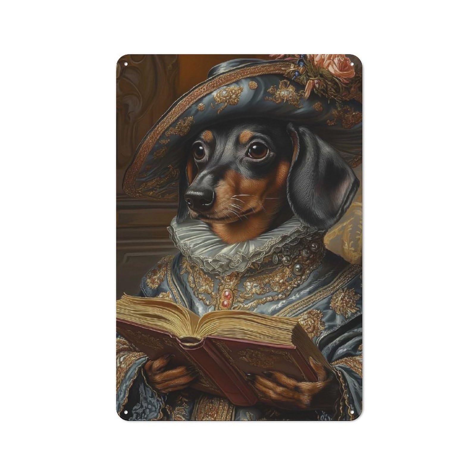 Junmoney Dachshund In Royal Attire Regal Dachshund In Retro Metal Wall Sign 30X20cm With Renaissance Attire For Living Room Wall, Housewarming Wall Decor For People Furnishing Living Room