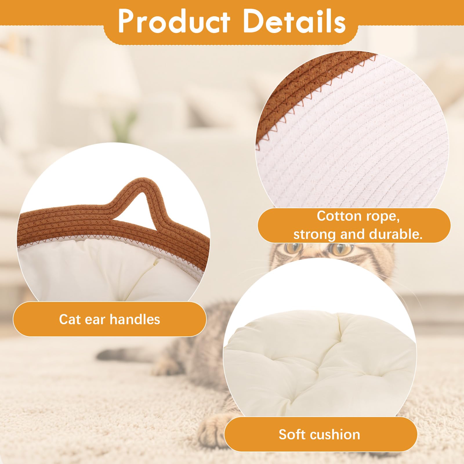 Zocipro Baumwollseil Katzenbett mit Kissen, 46x46x16 cm Groß Katzenbett, Katzenkörbchen Rund Waschbar mit Baumwollseil-Spielball für Alle Katze