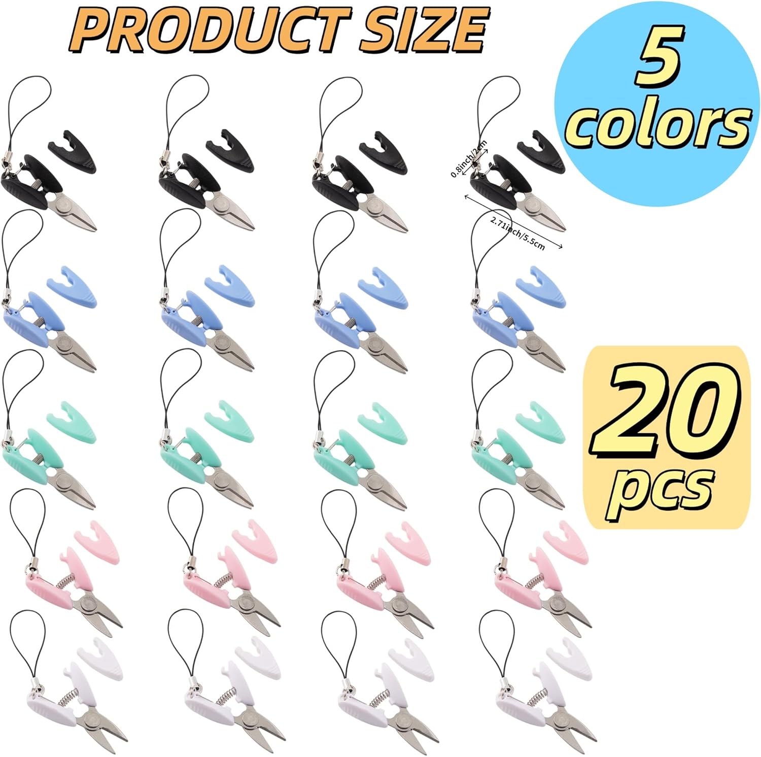 20 Pcs Tiny Scissors with Cover, 5 Colors Travel Scissors Mini Compact Keychain Sewing Snips for Craft Yarn Yarning Traveling Supplies (Pink, White, Black, Blue, Green)