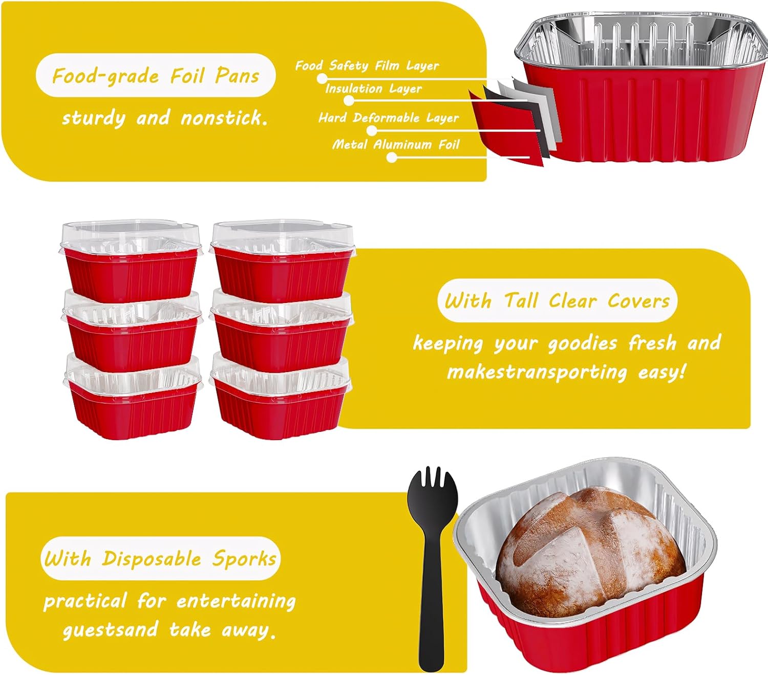 25 Pack Square Mini Cake Pans with Lids,Mini Loaf Pans with Lids,Aluminum Foil Baking Cups,Disposable Ramekins Cupcake Cups,Dessert Cups for Wedding Birthday Party Picnics,5oz (Red) - Image 4