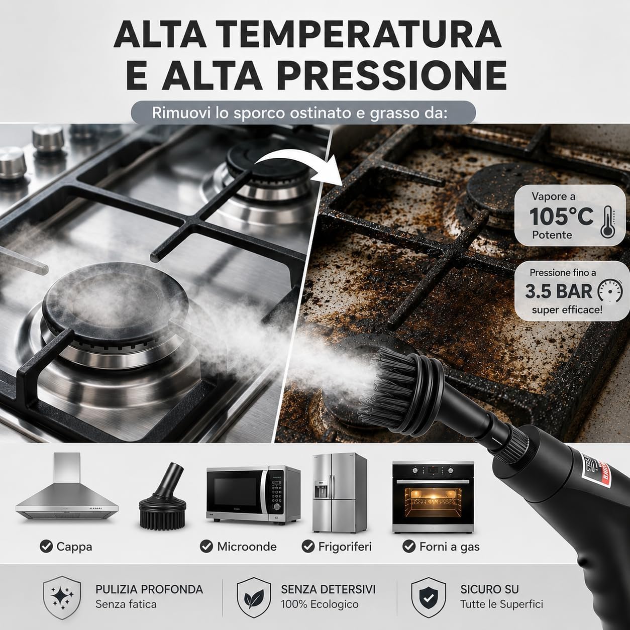 Pulitore a Vapore Portatile 2500W ad Alta Pressione – 6 Velocità Regolabili, Serbatoio 1200 ml, 3 Testine Incluse – Ideale per Casa, Cucina, Bagno, Finestre e Auto