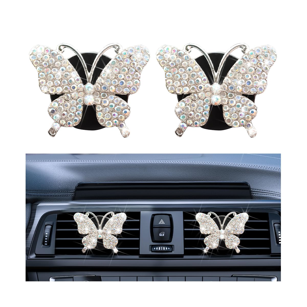 Bittwee 2PCS Bling Butterfly Car Freshener Air Vent Clips, Sparkling Crystal Rhinestone Auto Diffuser Clamps, Full Diamond Vehicle Interior Decoration Charm for Women Girls, Universal Fit?AB?