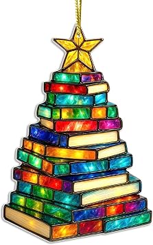 Book Lover Ornament 2026, Stained Glass Style Ornament for Readers, Just One More Chapter Bookmark Included, Gifts for Bookworms, Women, Teachers, and Friends, Book Pine Tree