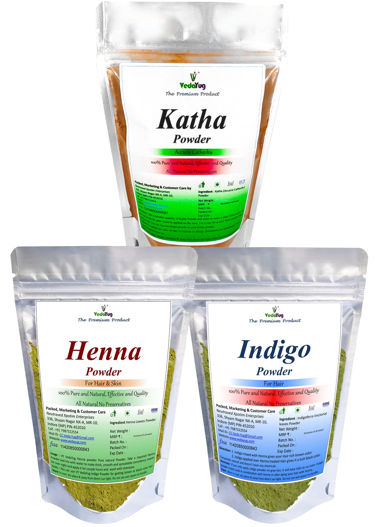 VY VedaYug Katha Powder + Henna Powder + Indigo Powder | Combo Powder Pack for Hair Natural Dye Black and Brown (Pack of 3, 100g each Total 300g-picture-49