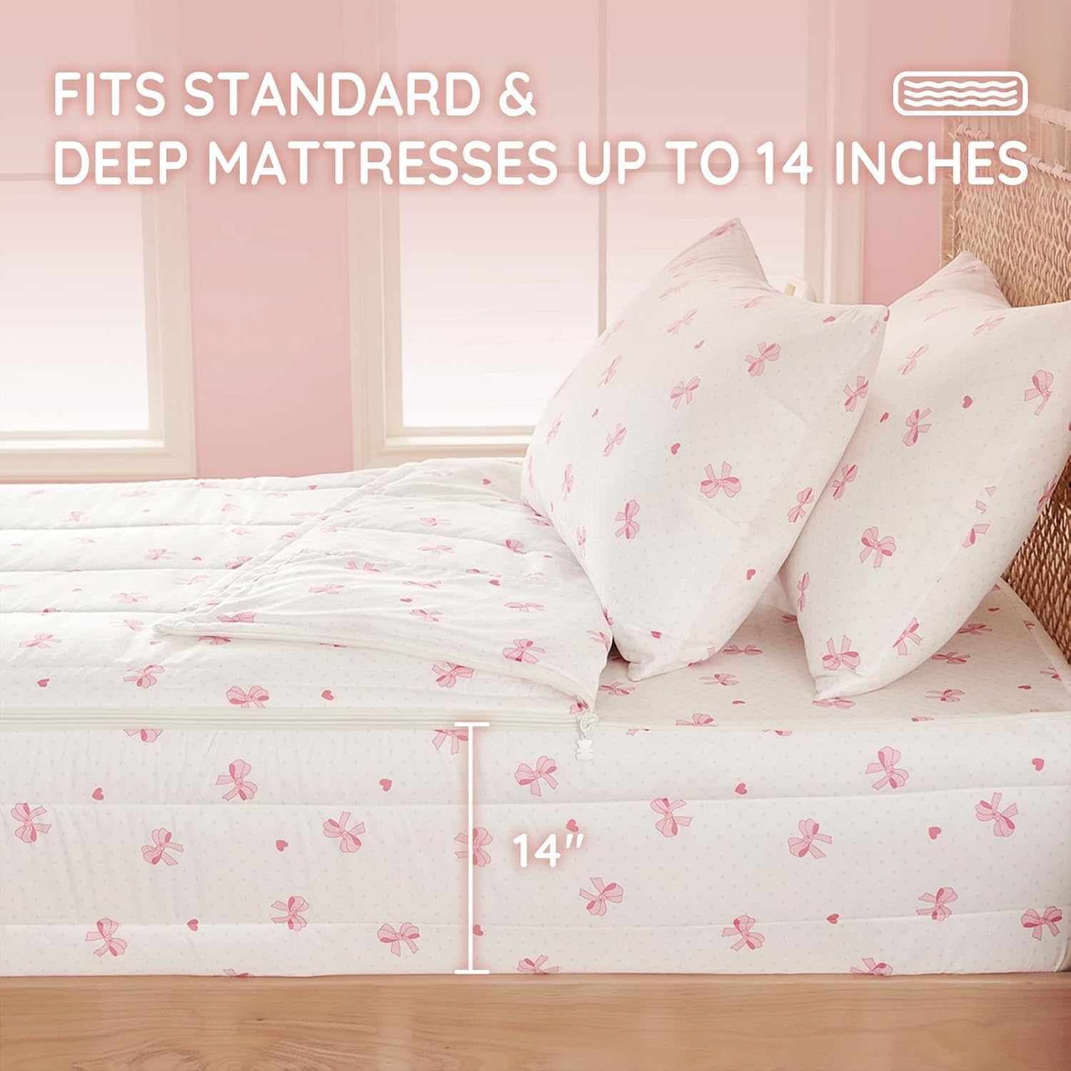 Zipper Bedding Twin for Kids, Bed in a Bag, Bow Printed Comforter Set with All-in-One Zipper Design, Quilt Set for Girls, Includes 1 Zipped Comforter, 1 Fitted Sheet and 2 Pillowcases