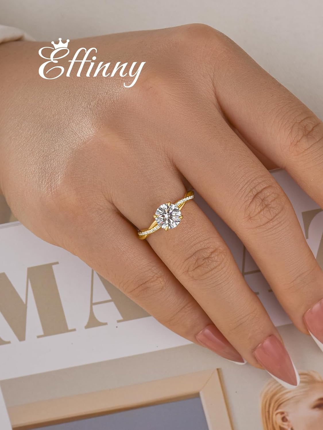 1.25/2.0ct Moissanite Engagement Ring,D Color Round Brilliant Cut,4-Prong Twist Band 14K Yellow Gold Plated 925 Sterling Silver Promise Ring for Wedding,Travel,Daily - Image 4