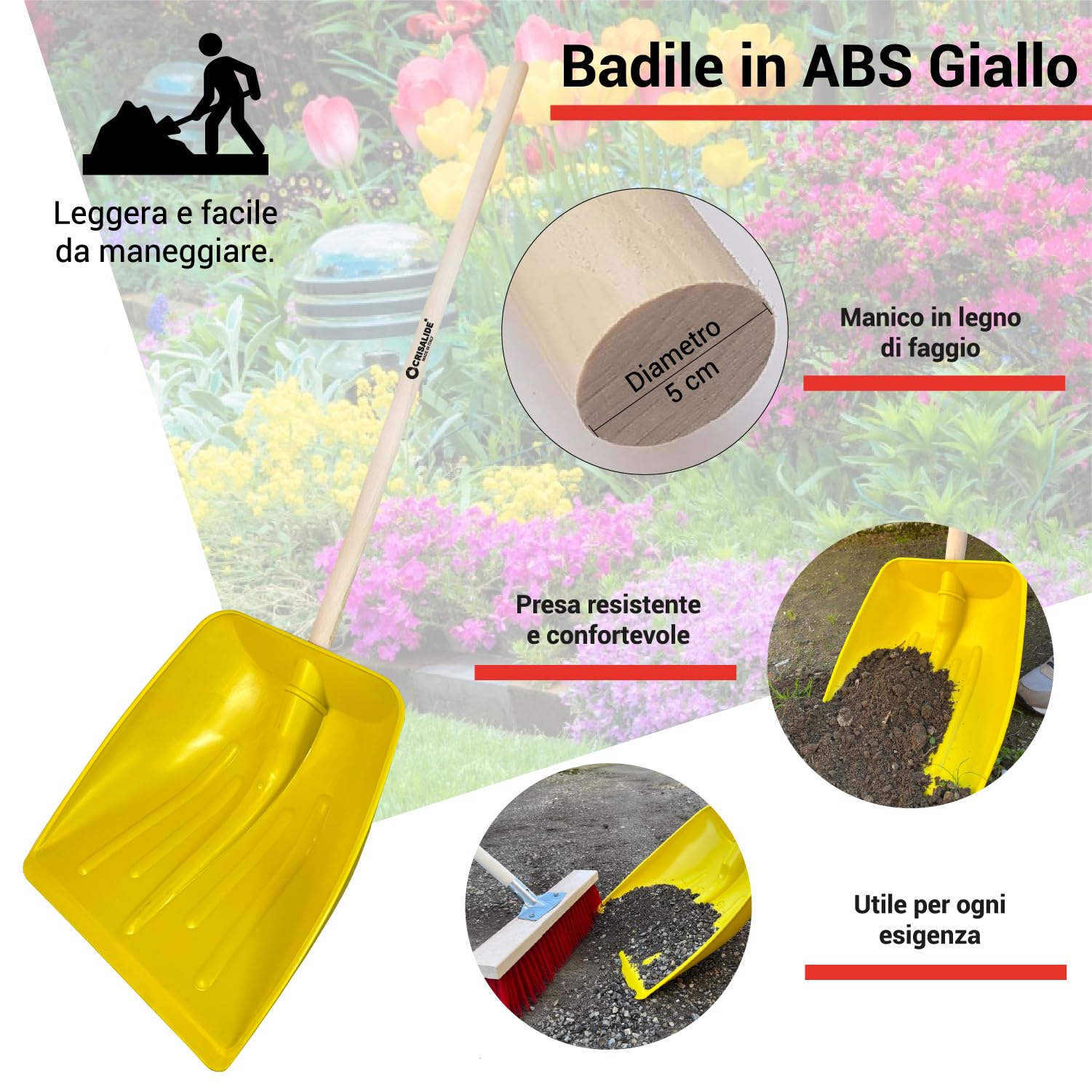 Crisalide® - Badile Super Resistente 37x42 cm con Manico in Legno - Versatile per Uso Agricolo, Giardinaggio e Lavori Pesanti, Multiuso, Pala da Neve