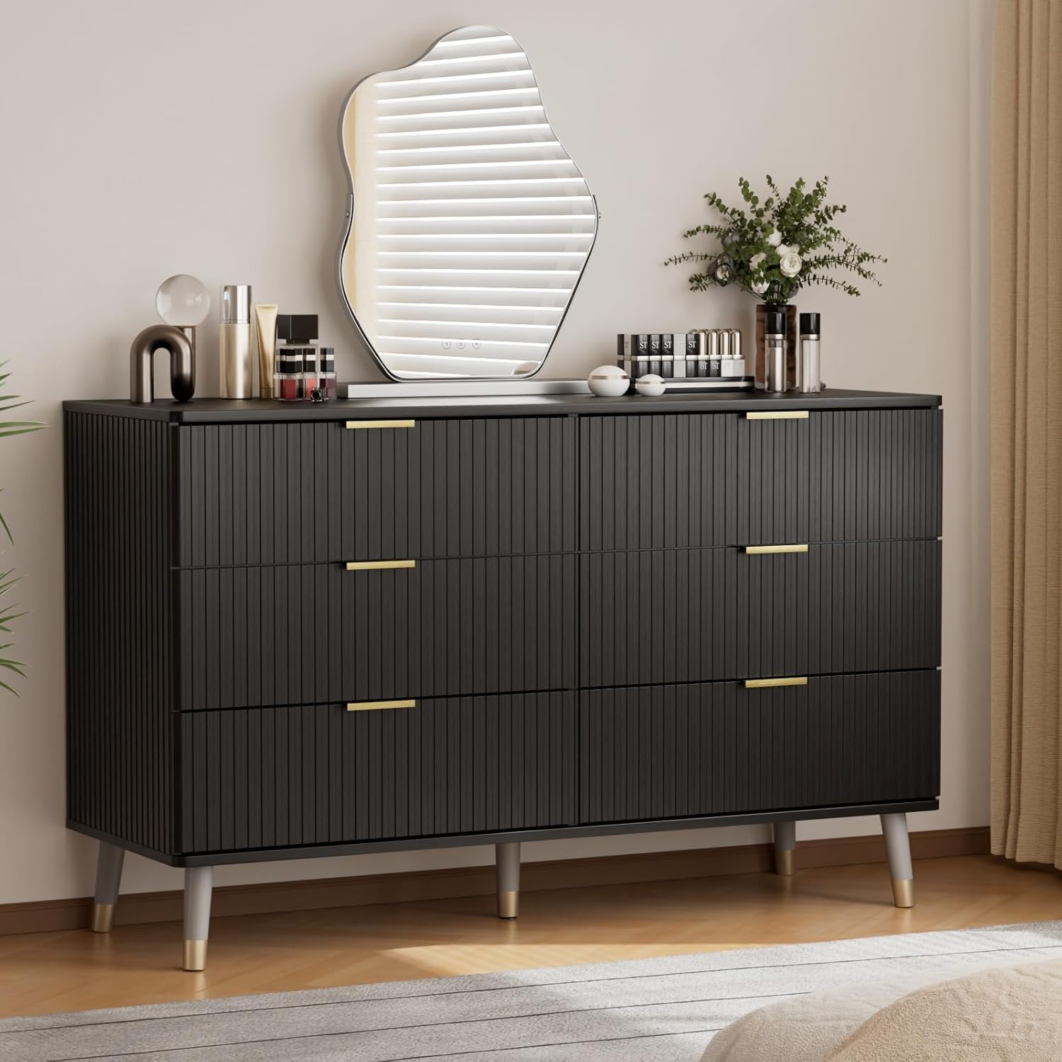 JOZZBY Black Dresser for Bedroom, 6 Drawer Dresser, Bedroom Dresser with Gold Handles, Modern Dressers & Chests of Drawers, Kids Dresser for Nursery, Bedroom, Hallway, Entryway