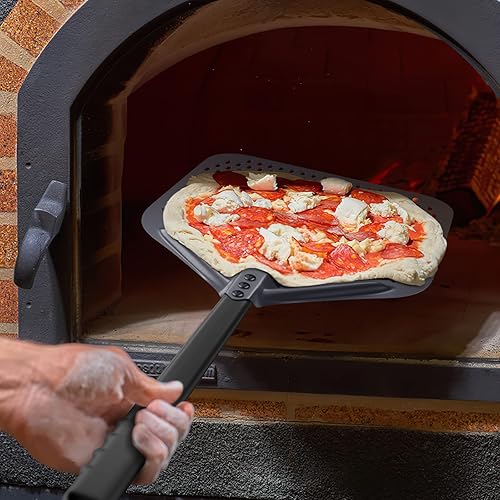 Miniatura 6 de Pela de pizza perforada, 13 x 15 pulgadas, cáscara profesional de aluminio anodizado para pizza, espátula comercial para pizza, 30 pulgadas en total