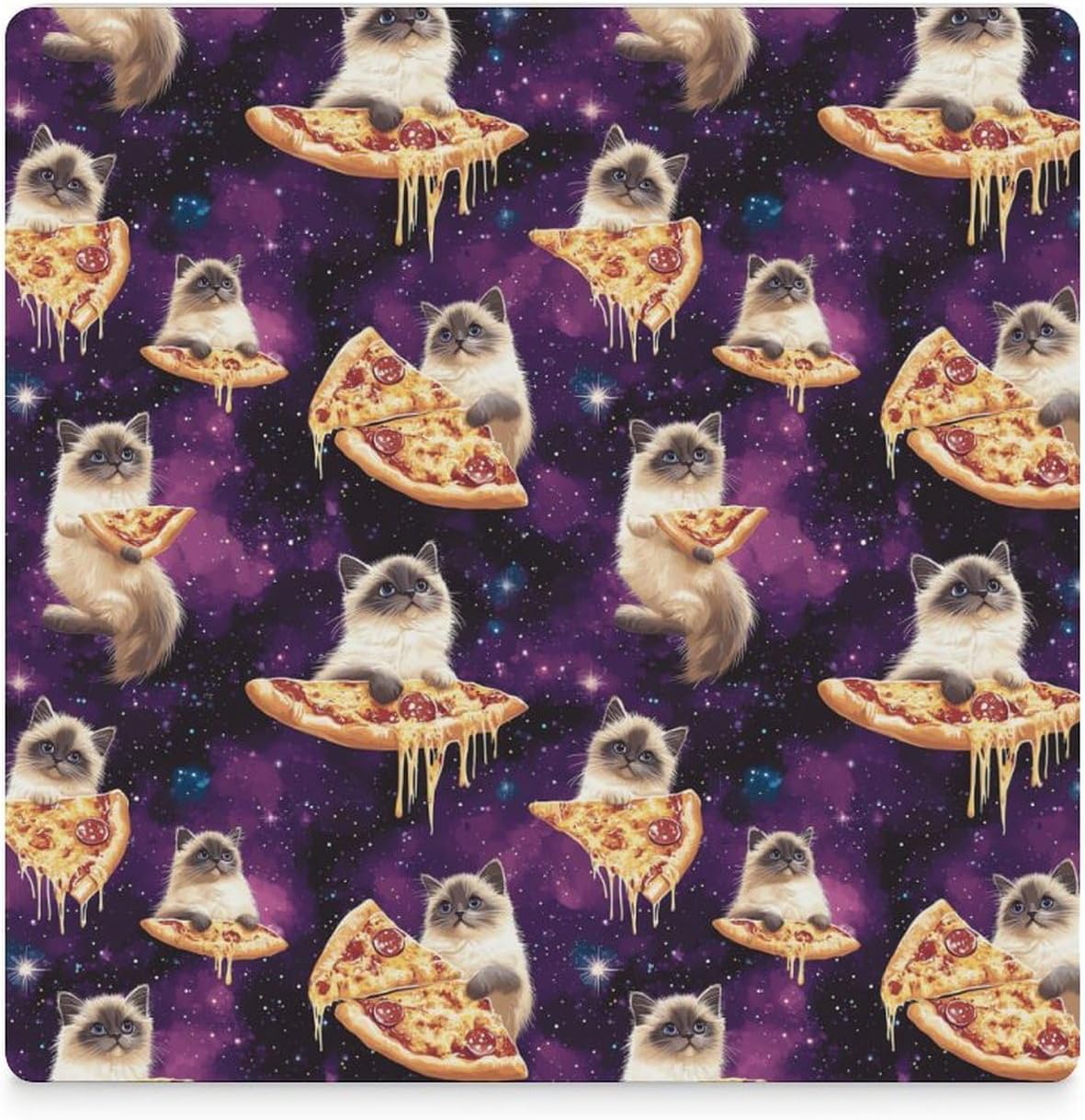 Cute Kitten Cat Pizza Print Ceramic Coasters Set Square Drink Coasters Table Coaster for Kitchen Desktop Decor