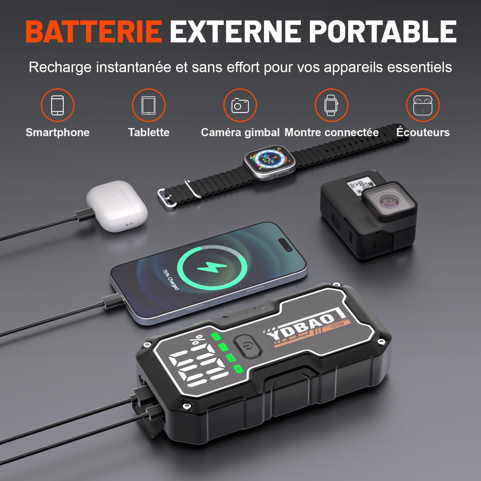 YDBAO Booster Batterie Voiture 8000A 12V Démarreur de Voiture Portable (Jusqu'à Toute Essence ou 10L Diesel) Jump Starter avec Pince Intelligente Écran LCD Lumière LED Protection Auto Moto SUV Camion