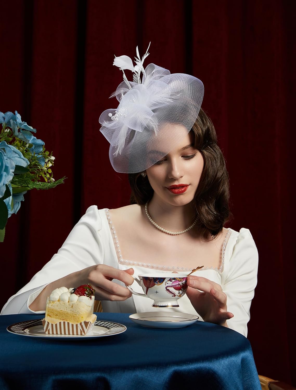 Cizoe Tea Party Fascinator Hats for Womens 50s Headwear with Veil Flower Cocktail Wedding Church Derby Hat - Image 2