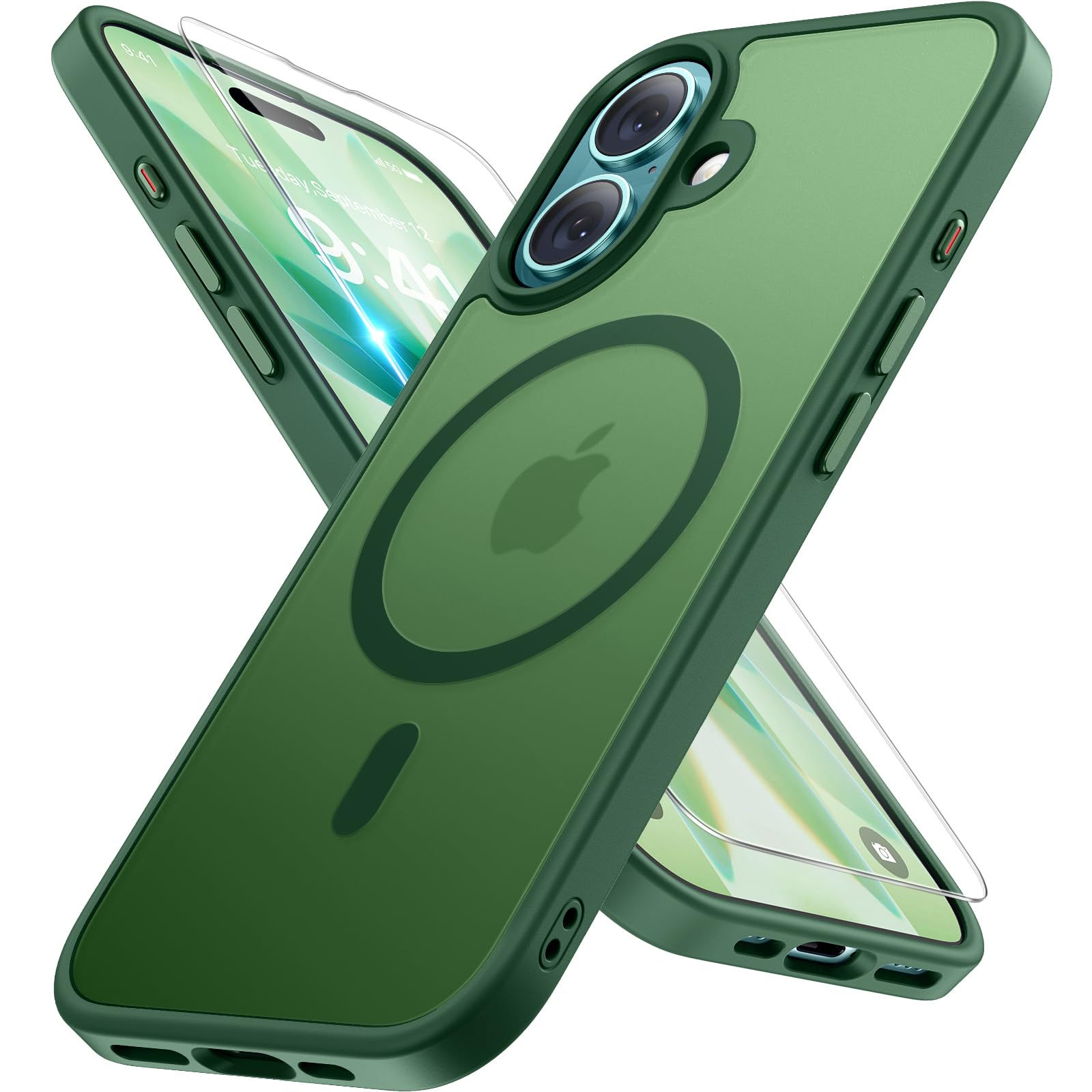 miracase Magnetic for iPhone 17 Case (Compatible with MagSafe) with Screen Protector Military-Grade Protection, Anti-Fingerprint Translucent Matte Phone Cover for iPhone 17 6.3 inch, Dark Green