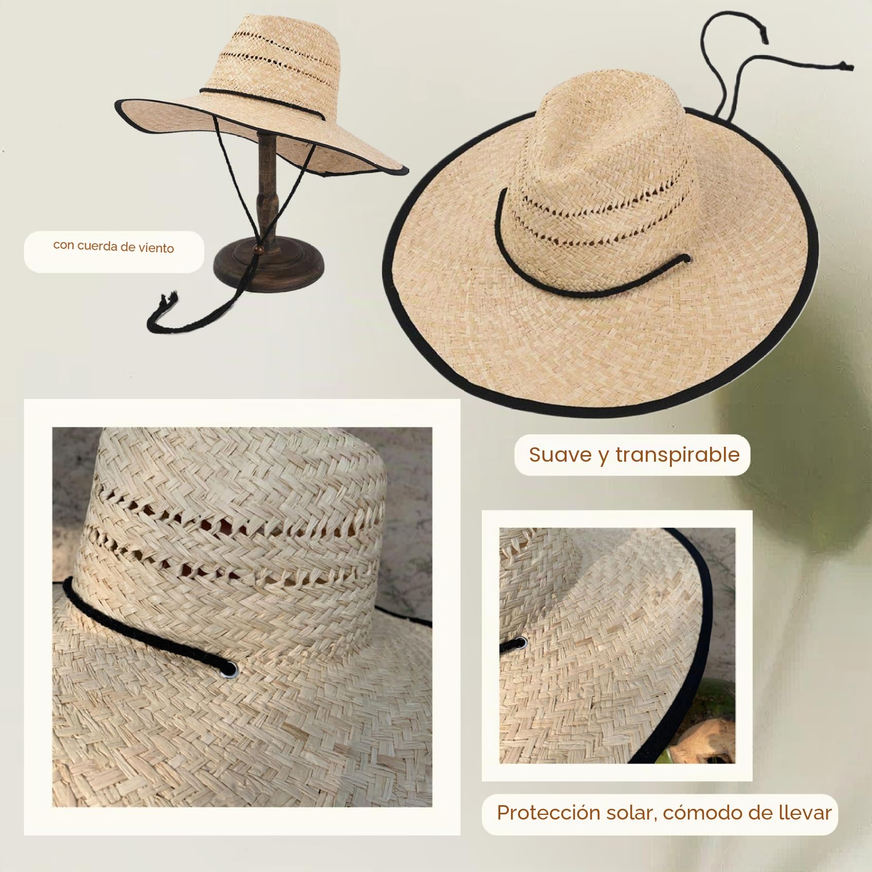 Sombrero de Paja, protección Solar Gombado de Paja de ala Ancha, Sombrero de Sol de Paja Tejida Transpirable con Correa Ajustable, Elegantes Sombreros de Paja para Hombres Mujeres
