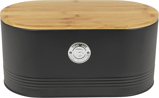 Bread Bin with Bamboo Lid Black, 34 x 18 x 16 cm Bread Box, Made of Corrosion-Resistant Carbon Steel, Wooden Lid on the Bread Box Doubles as Cutting Board, Essential Kitchen Accessories