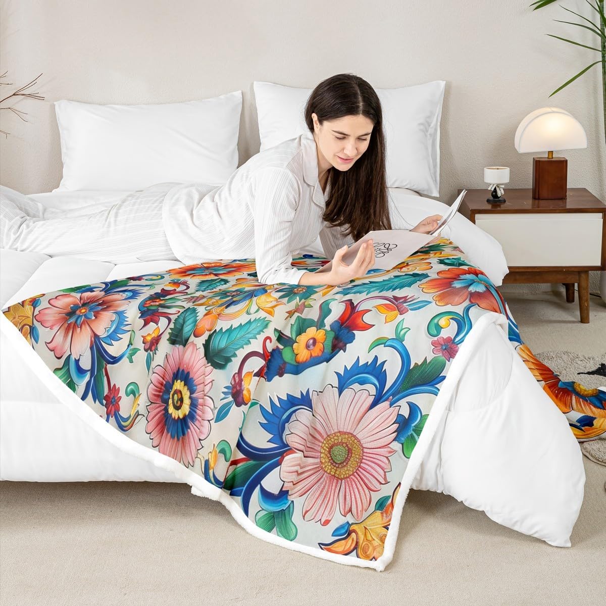 Erosebridal Boho Floral Fuzzy Plush Throw Colorful Ethnic Baroque Fleece Blanket Mexican Style Flowers Sherpa Blanket for Kids Girls Teen,Pink Green Yellow Decor for Bed Couch Queen 90"x90"
