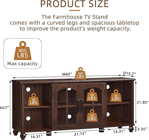 Miniatura 2 de Soporte de TV estilo granja para TV de 60 pulgadas, centro de entretenimiento de madera con estantes ajustables y gabinete de almacenamiento