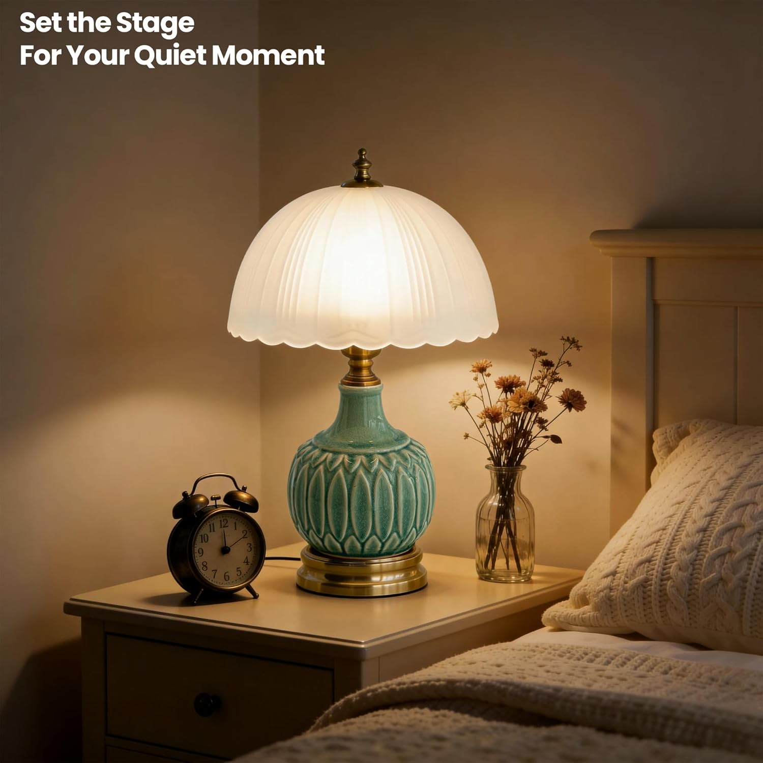 Ceramic Pattern Table Lamp with Frosted Glass Lampshade, Desk Bedside Small Lamps with 6ft Power Cord for Living Room Night Stands Bedroom (Bamboo Leaf)