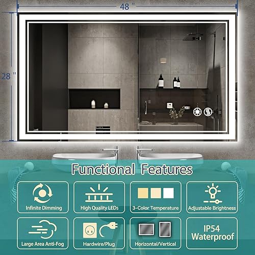 Miniatura 2 de Espejo LED para baño de 48 x 28 pulgadas, espejo de baño con luces LED, antiniebla, regulable, 3 colores, luces delanteras y retroiluminadas, espejo
