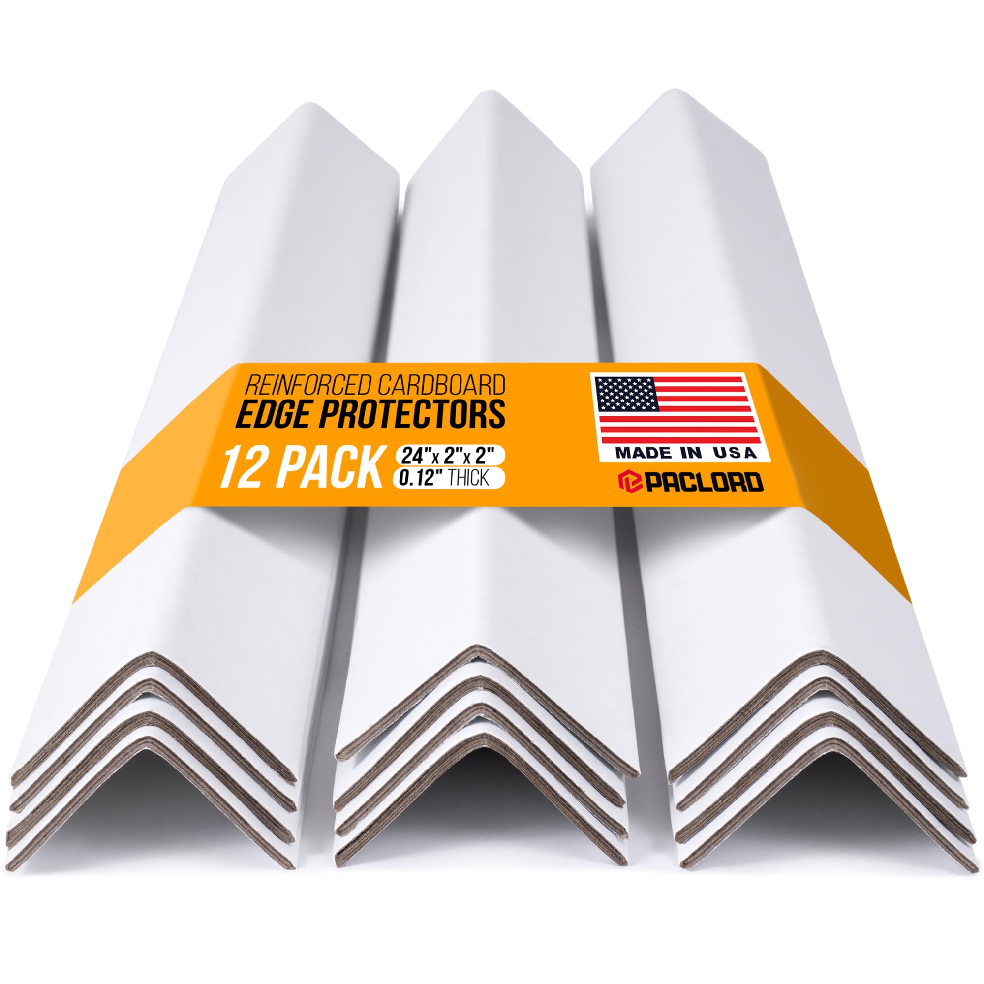 24" x 2" x 2" Reinforced Cardboard Edge Protectors, White (Pack of 12) – 0.12" Thick Medium-Duty Cardboard Corner Protectors for Shipping – American Quality V-Board Pallet Edge Protectors