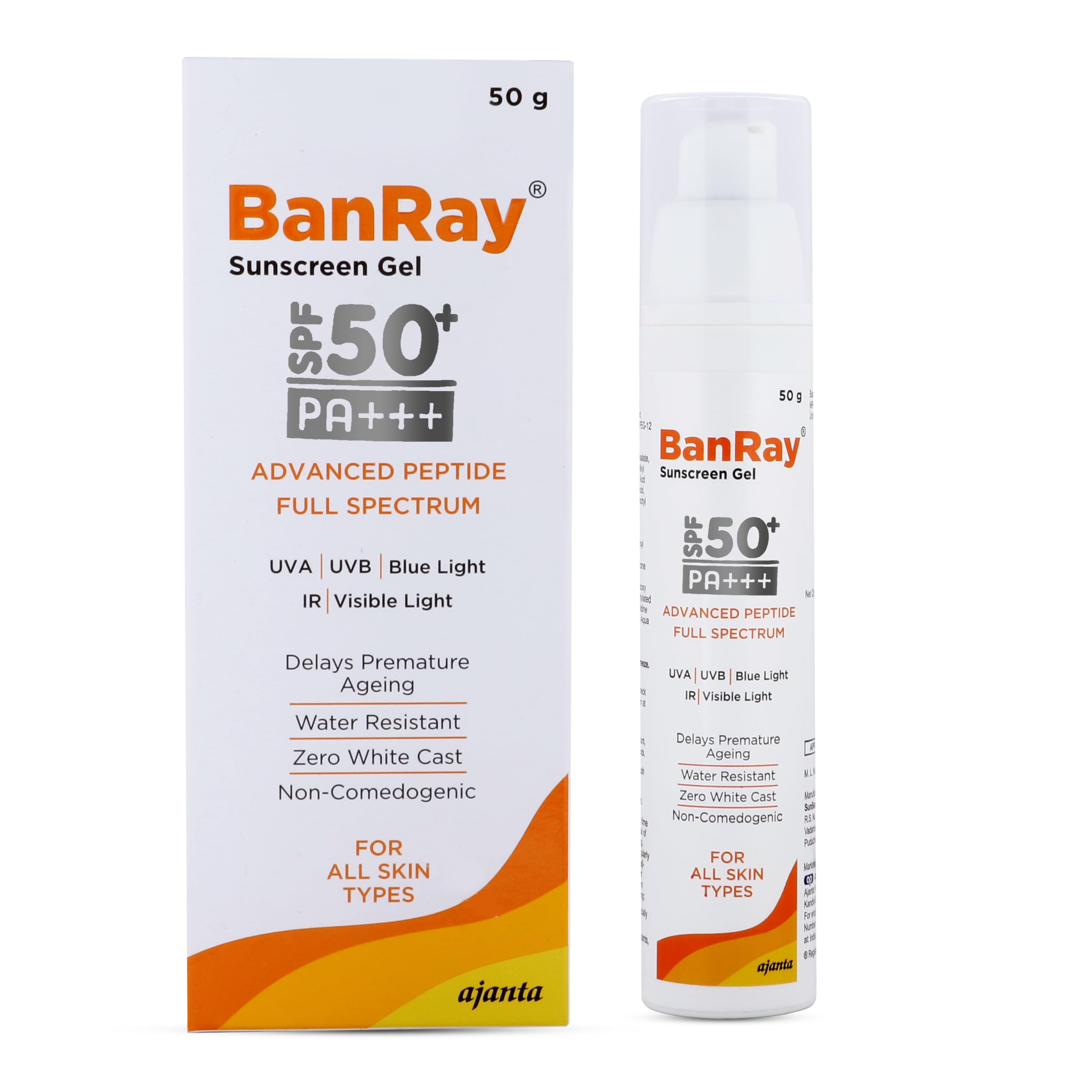 BanRay Gel | SPF 50+ PA+++ | Advanced Peptide | Broad Spectrum | UVA, UVB, Blue Light, Infrared | Anti-Aging | No White Cast | Lightweight | Water Resistant | Non-Comedogenic | All Skin Types | 50g