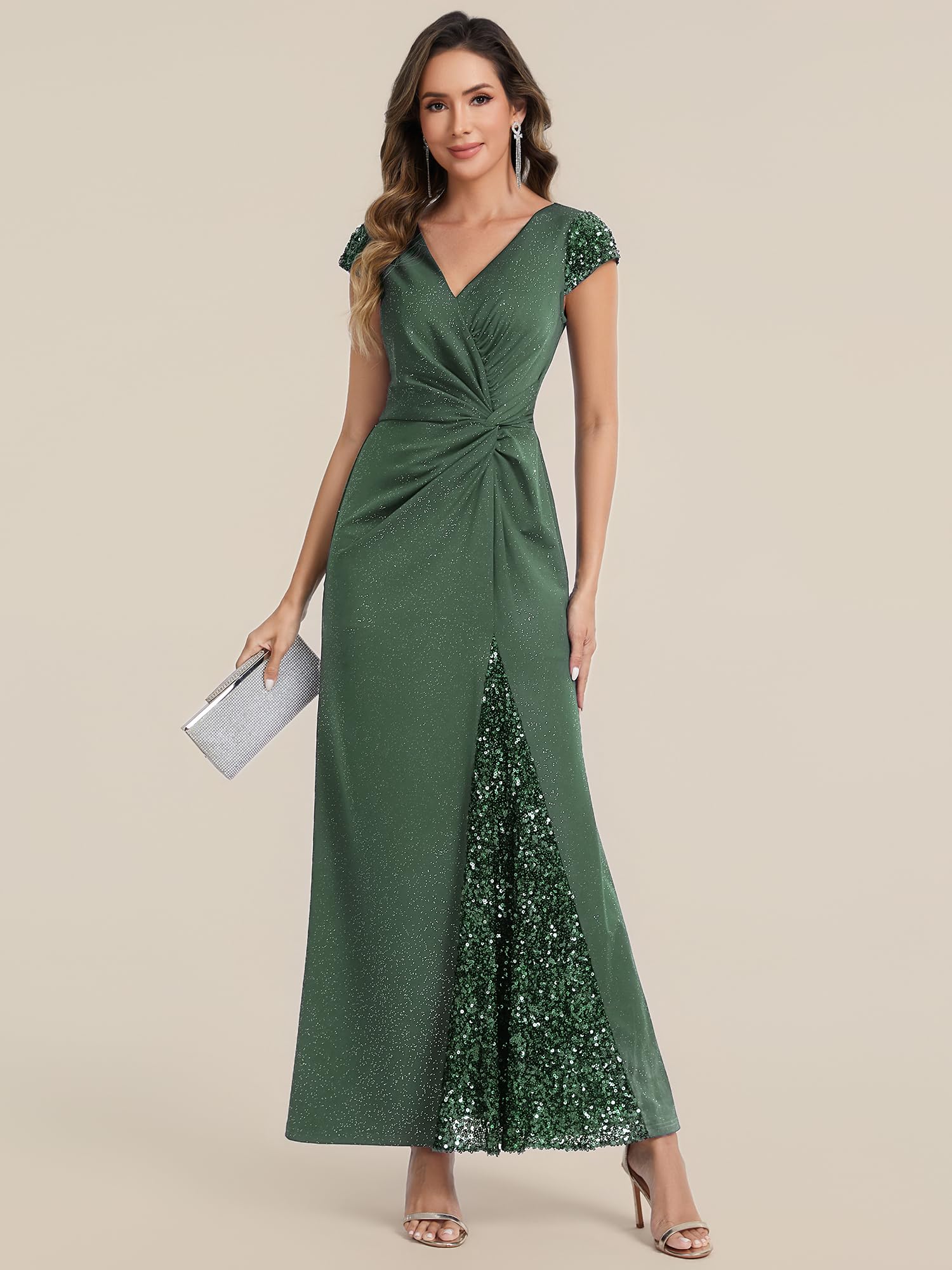 Ever-Pretty Abito da Sera Lungo Aderente Collo a V con Paillettes Maniche Corte EE02657