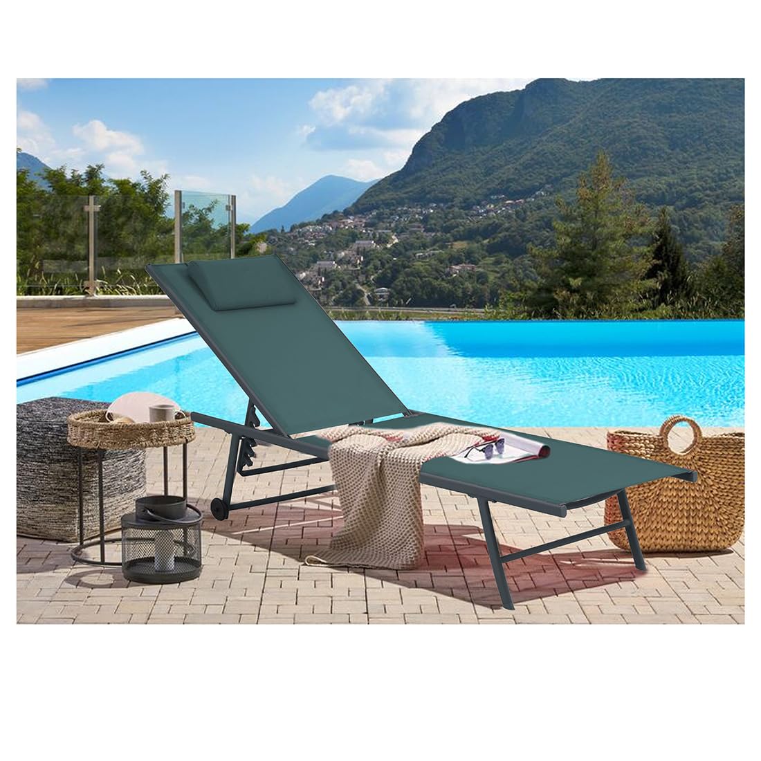 Acomoda Textil – Tumbona de Jardín Plegable y Reclinable en 5 Posiciones con Ruedas. Hamaca con Cojín Cómoda y Resistente para Terraza, Camping y Patio 185x55x32/97 cm. (Esmeralda, 1 Ud)